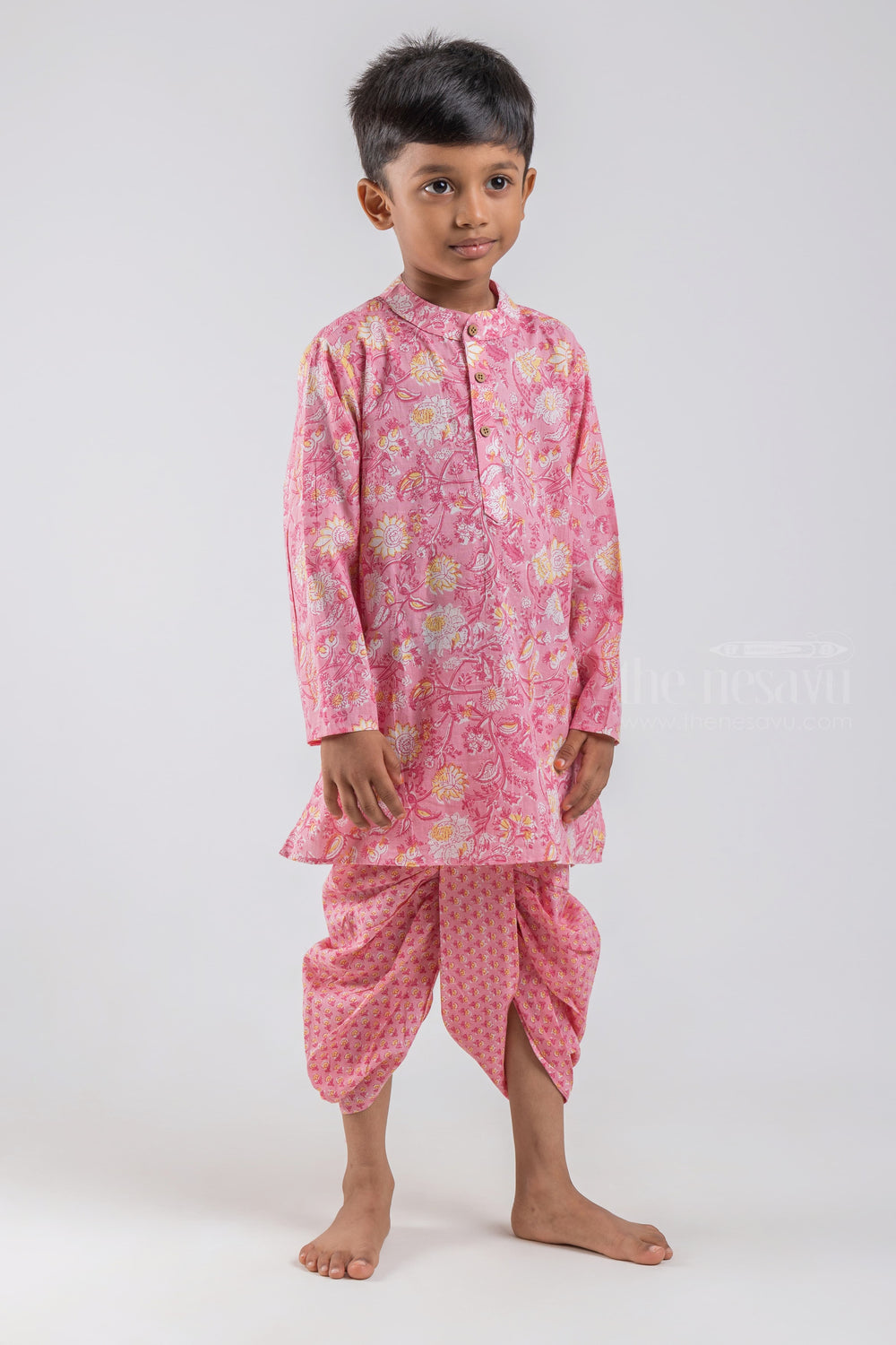 The Nesavu Boys Dothi Set Floral All Over Printed Pink Mandarin Collar Pink Kurta with Floral Printed Pink Dhoti Set for Boys psr silks Nesavu