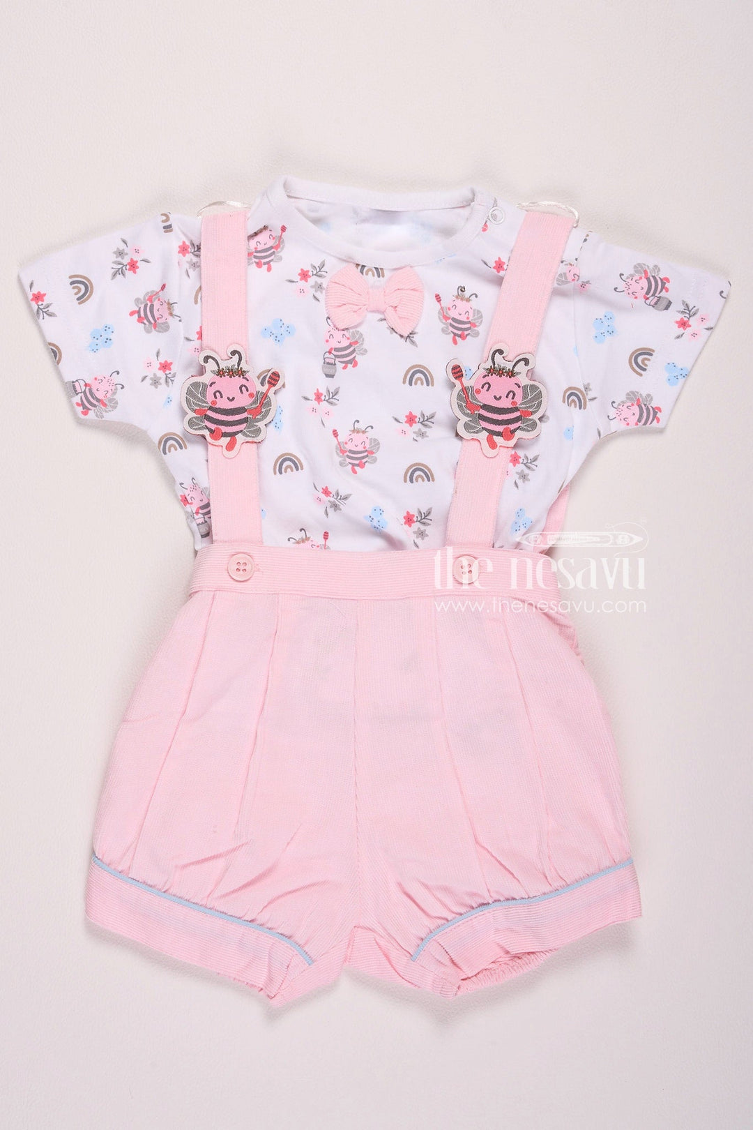 The Nesavu Baby Rompers/Onesies Floral Bow Tie Baby Boy Suspender Romper Set Nesavu 10 (NB) / Pink BCS053A-10 Floral Bow Tie Baby Boy Suspender Romper Set - Stylish & Charming