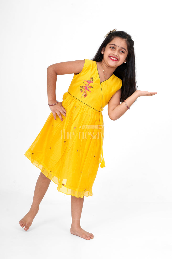 The Nesavu Girls Cotton Frock Floral Cotton Frock for Women with Bird Embroidery and Wrap Design in Chanderi Silk, Perfect for Summer Festivals Nesavu 16 (1Y) / Yellow GFC1458A-16 Floral Cotton Frock Women Bird Embroidery Wrap Design Nesavu Ideal Summer Festivals