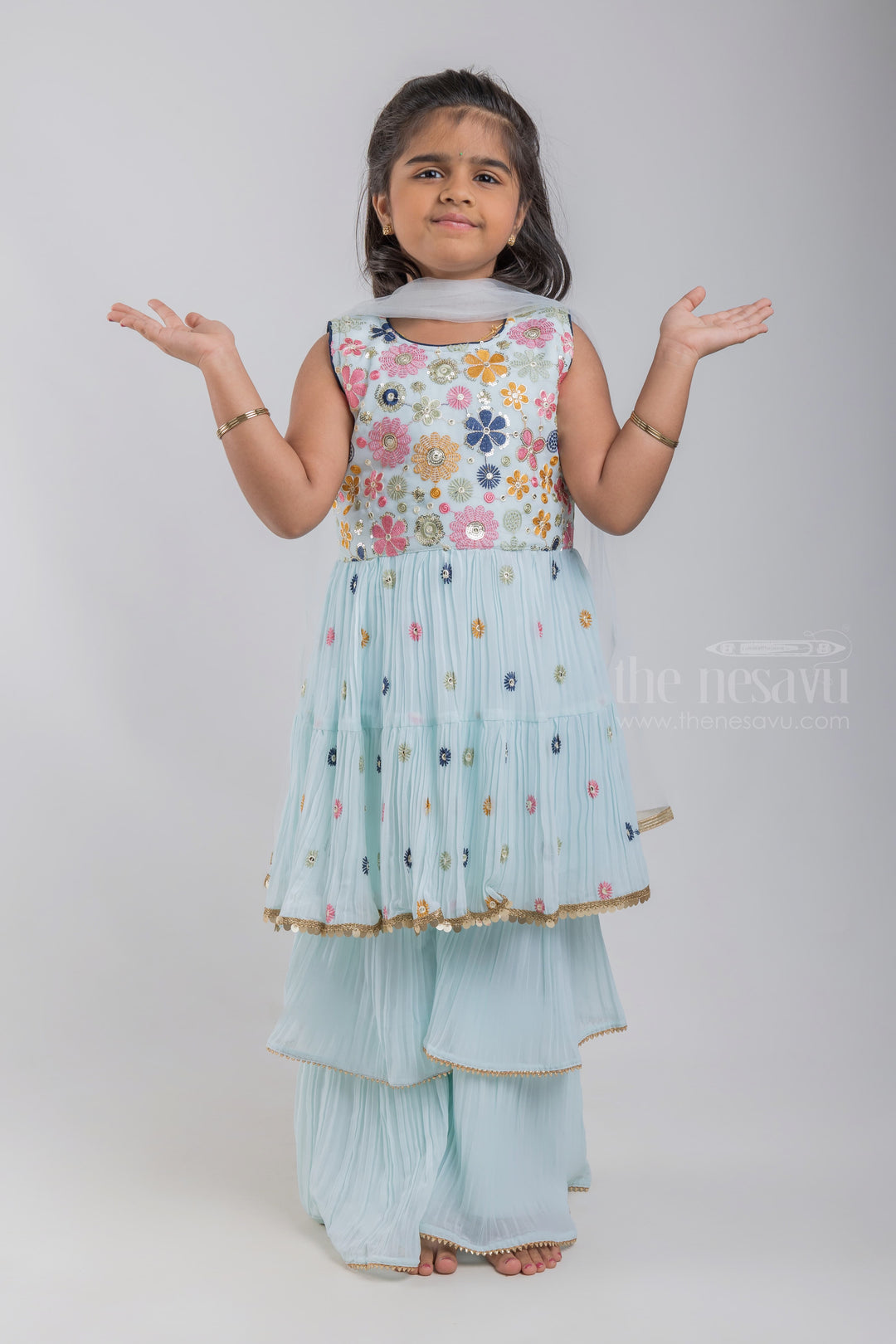 The Nesavu Girls Sharara / Plazo Set Floral Embroidered Peplum Pattern Blue Kurti and Layered Blue Palazzo Suit for Girls with White Organza Dupatta psr silks Nesavu 16 (1Y) / Blue GPS151A