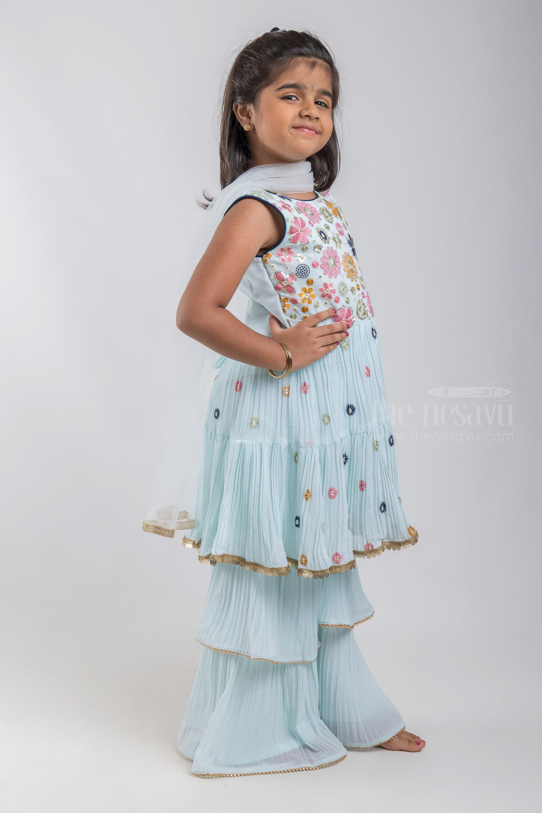 The Nesavu Girls Sharara / Plazo Set Floral Embroidered Peplum Pattern Blue Kurti and Layered Blue Palazzo Suit for Girls with White Organza Dupatta psr silks Nesavu