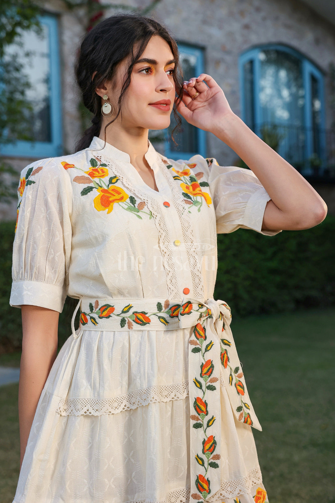 The Nesavu Womens Flared Kurthas Floral Embroidered Women’s Designer Dress in Ivory with Lace Detailing and Belted Waist Nesavu Ivory Floral Embroidered Designer Dress Women Nesavu  Perfect Special Occasions