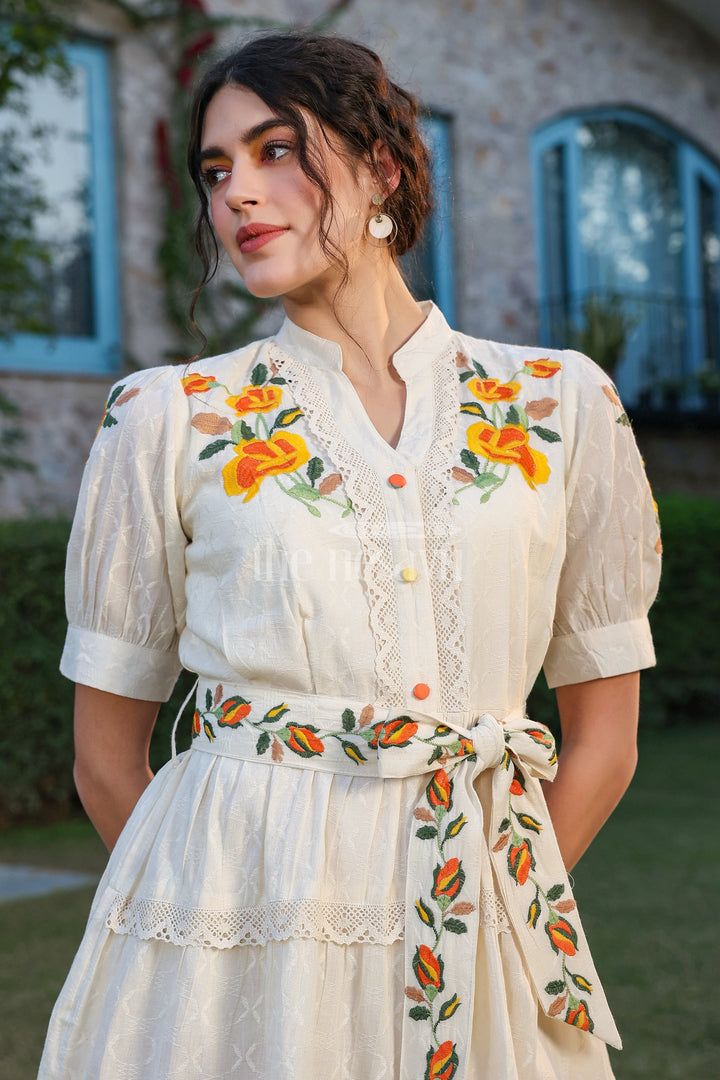 The Nesavu Womens Flared Kurthas Floral Embroidered Women’s Designer Dress in Ivory with Lace Detailing and Belted Waist Nesavu Ivory Floral Embroidered Designer Dress Women Nesavu  Perfect Special Occasions