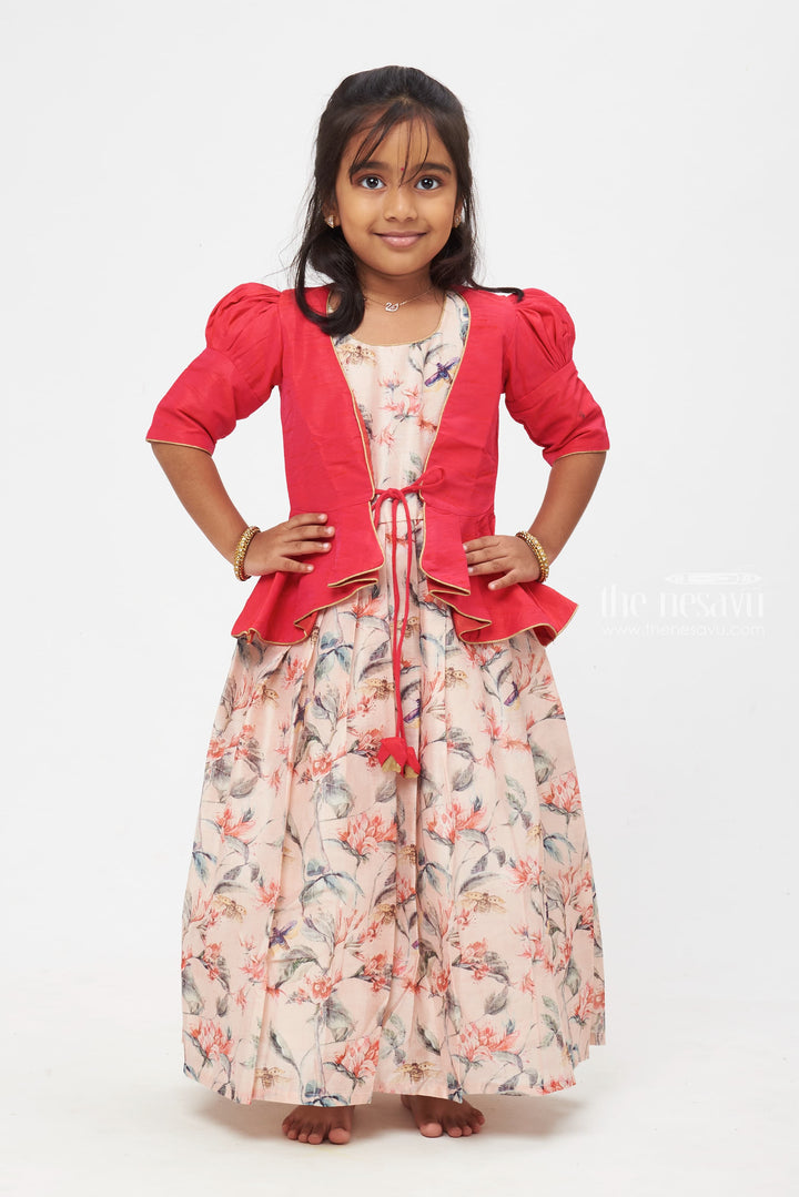 The Nesavu Girls Silk Gown Floral Fantasy Ensemble with Crimson Jacket and Pastel Bird-Imprint Girls Anarkali Gown Nesavu 16 (1Y) / Pink / Silk Blend GA178A-16 Tradition Reinvented: Anarkali Sets with Contemporary Overcoats | The Nesavu