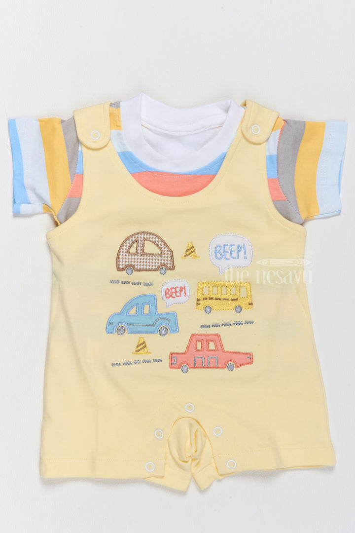 The Nesavu Baby Casual Sets Floral Infant Dress Cotton Yellow Car Print Romper with Striped T-Shirt Nesavu 14 (6M) / Yellow BCS188B-14 Nesavu Floral Infant Dress Cotton Yellow Car Print Romper Striped T-Shirt