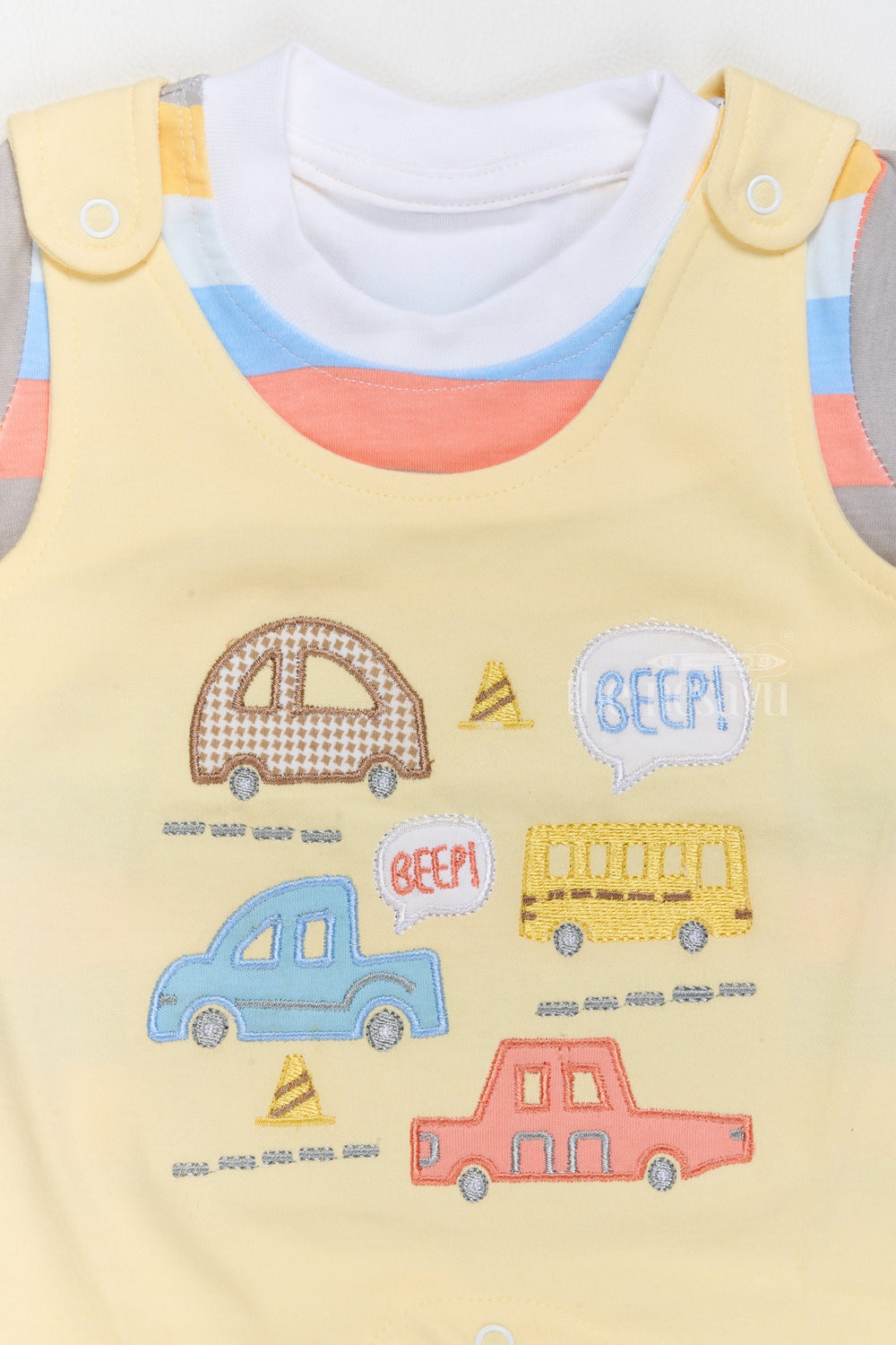 The Nesavu Baby Casual Sets Floral Infant Dress Cotton Yellow Car Print Romper with Striped T-Shirt Nesavu Nesavu Floral Infant Dress Cotton Yellow Car Print Romper Striped T-Shirt