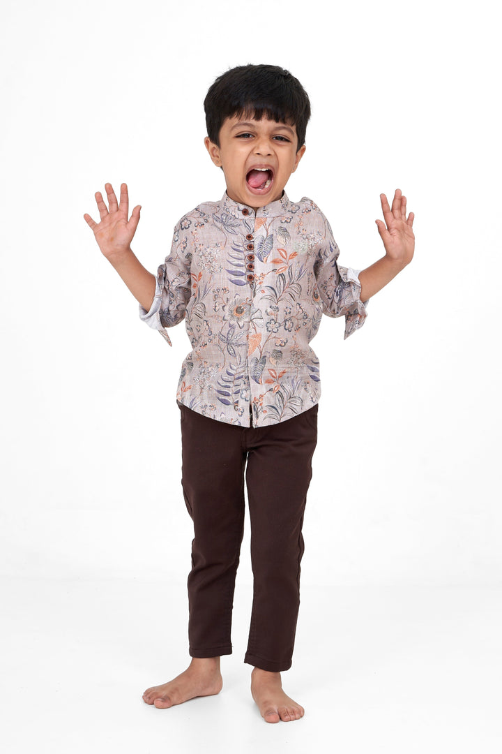 The Nesavu Boys Casual Set Floral Print Boys Casual Shirt with Black Pants, Flax Cotton Blend Outfit for Special Occasions Nesavu Nesavu Boys Floral Print Shirt Black Pants Flax Cotton Blend Casual Set Festive Occasions