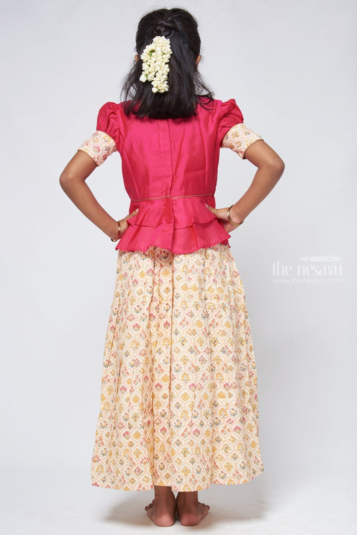 The Nesavu Pattu Pavadai Floral Printed Beige Skirt with Pink Jacquard Peplum Blouse Nesavu Kanchipuram Pattu Pavadai | Silk Dress for Girls | The Nesavu