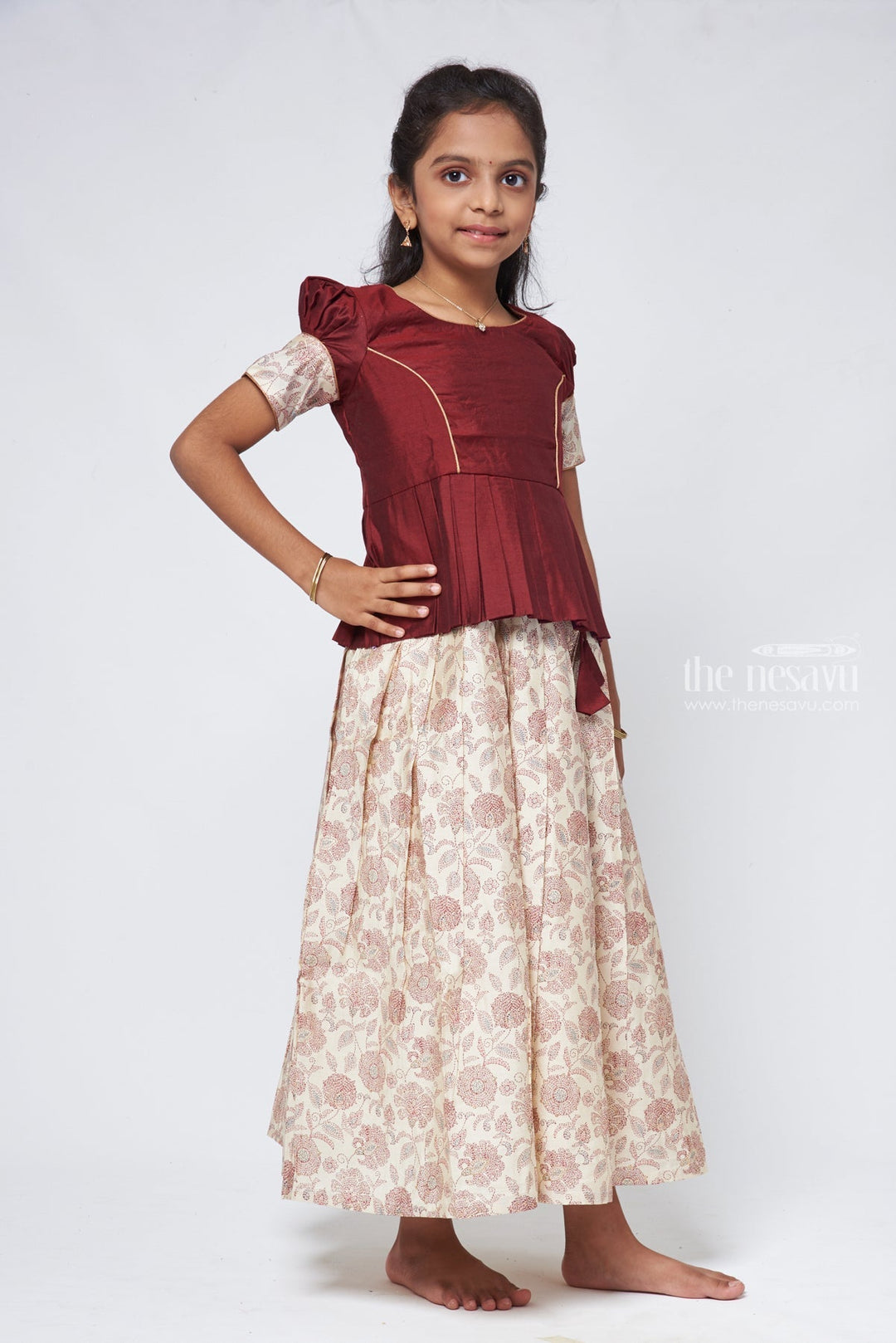 The Nesavu Pattu Pavadai Floral Printed Pleated Beige Skirt with Box Pleated Brown Jacquard Silk Blouse for Girls Nesavu 16 (1Y) / Beige GPP286B-16 Latest Pattu Pavadai Designs | Girls Pattu Langa | The Nesavu