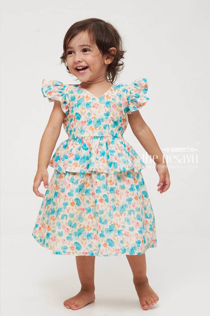 The Nesavu Baby Cotton Frocks Floral Ruffled Baby Dress with Cap Sleeves Nesavu 14 (6M) / Blue GFC1330A-14 Floral Ruffled Baby Dress with Cap Sleeves | Cute Baby Outfits