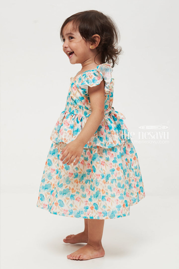 The Nesavu Baby Cotton Frocks Floral Ruffled Baby Dress with Cap Sleeves Nesavu Floral Ruffled Baby Dress with Cap Sleeves | Cute Baby Outfits