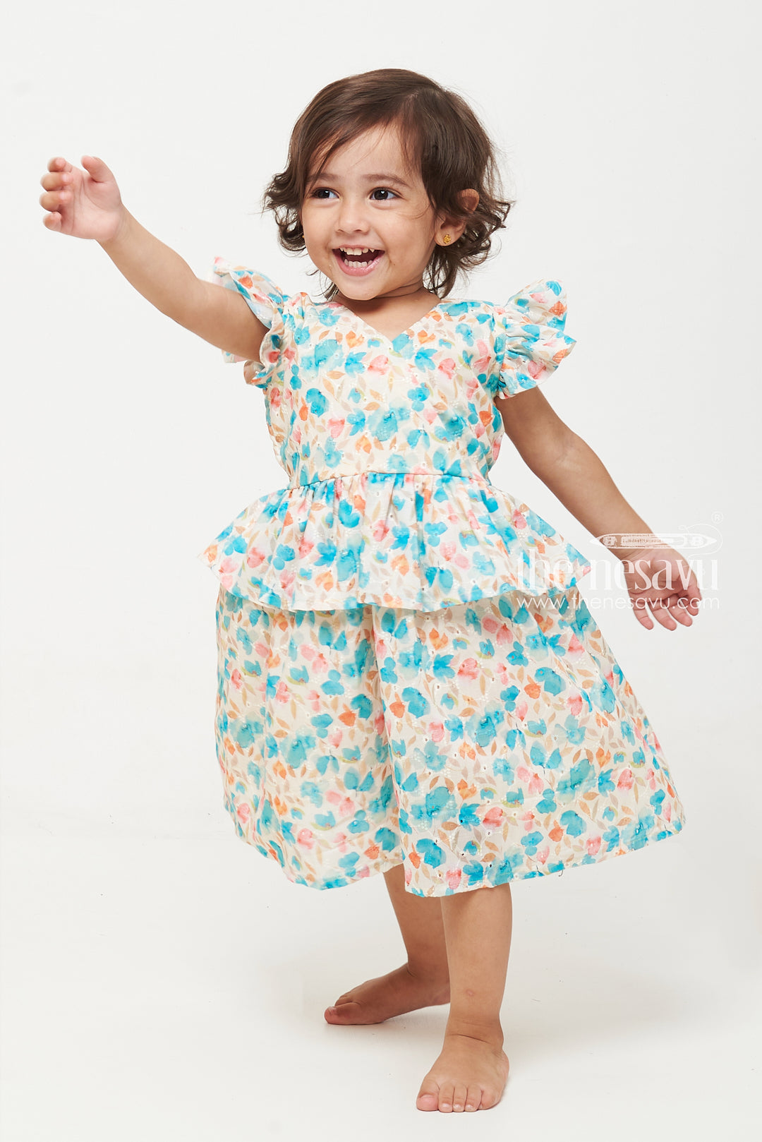 The Nesavu Baby Cotton Frocks Floral Ruffled Baby Dress with Cap Sleeves Nesavu Floral Ruffled Baby Dress with Cap Sleeves | Cute Baby Outfits