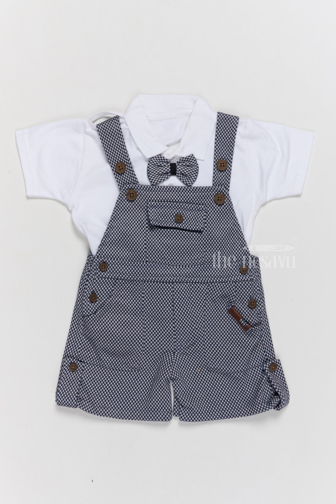 The Nesavu Baby Casual Sets Formal Wear for Infants with Checkered Overalls and Bowtie in Navy Blue Nesavu 14 (6M) / White BCS198B-14 Nesavu Formal Wear Infants Navy Blue Checkered Overalls Bowtie