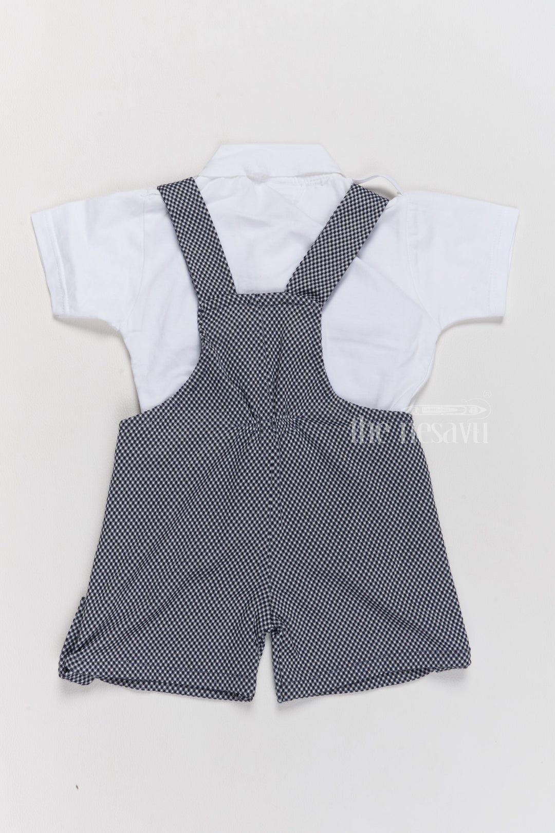 The Nesavu Baby Casual Sets Formal Wear for Infants with Checkered Overalls and Bowtie in Navy Blue Nesavu Nesavu Formal Wear Infants Navy Blue Checkered Overalls Bowtie