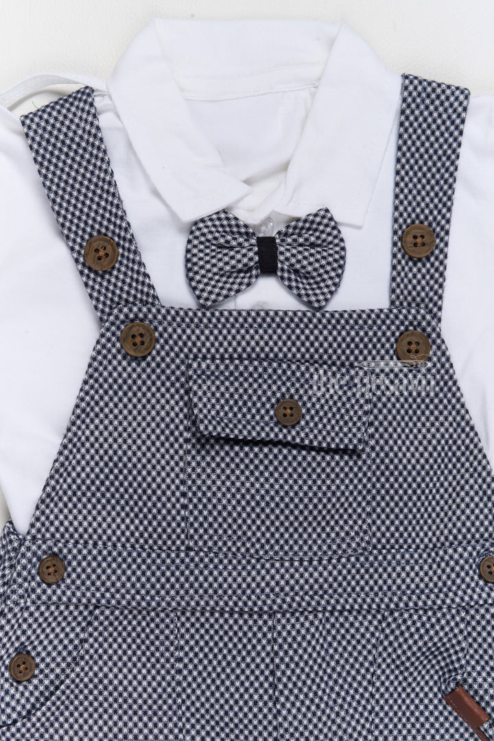 The Nesavu Baby Casual Sets Formal Wear for Infants with Checkered Overalls and Bowtie in Navy Blue Nesavu Nesavu Formal Wear Infants Navy Blue Checkered Overalls Bowtie