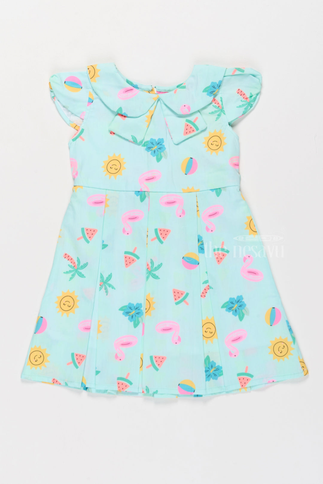 The Nesavu Girls Cotton Frock Frill Cotton Dress for Girls with Playful Summer Prints Nesavu 20 (3Y) / Green GFC1518A-20 Girls Frill Cotton Dress Summer Prints Peter Pan Collar