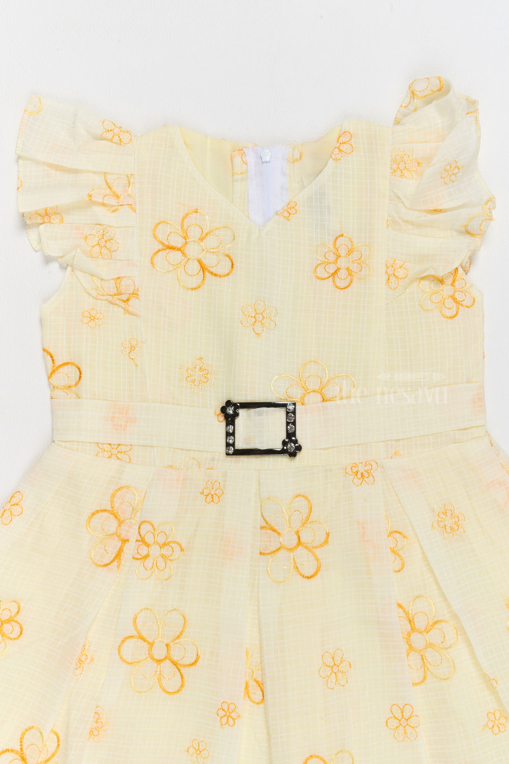 The Nesavu Girls Cotton Frock Frill Frock Cotton for Girls with Floral Embroidery and Jeweled Waist Belt Nesavu Nesavu Frill Cotton Girls Frock Floral Embroidery Jeweled Belt  Perfect Birthdays