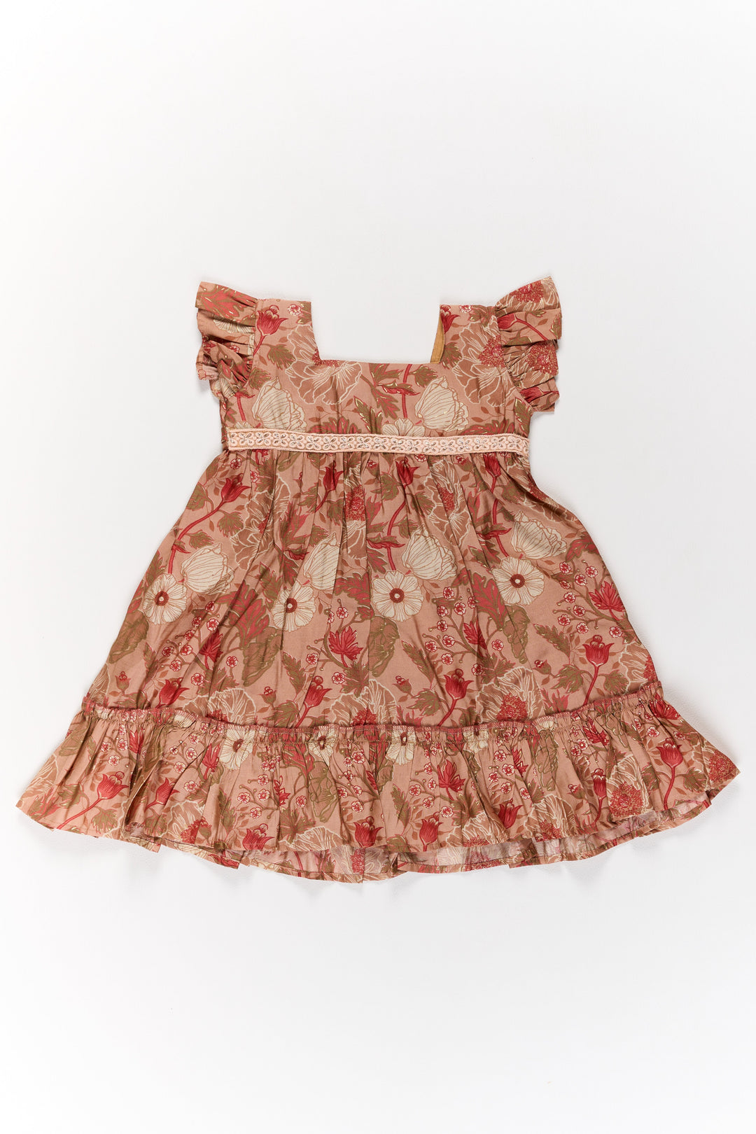 The Nesavu Girls Cotton Frock Frills Frock for Girls in Warm Beige Floral Print with Lace Detailing Nesavu Nesavu Beige Floral Frills Frock Girls Ruffled Hem Lace Detailing