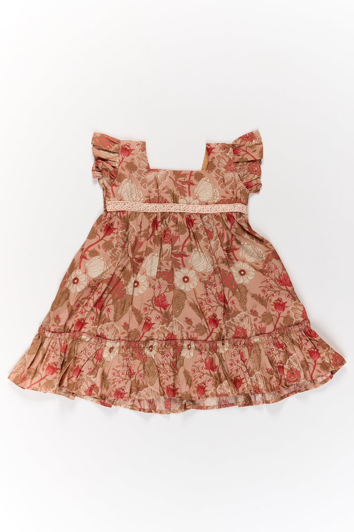 The Nesavu Girls Cotton Frock Frills Frock for Girls in Warm Beige Floral Print with Lace Detailing Nesavu Nesavu Beige Floral Frills Frock Girls Ruffled Hem Lace Detailing