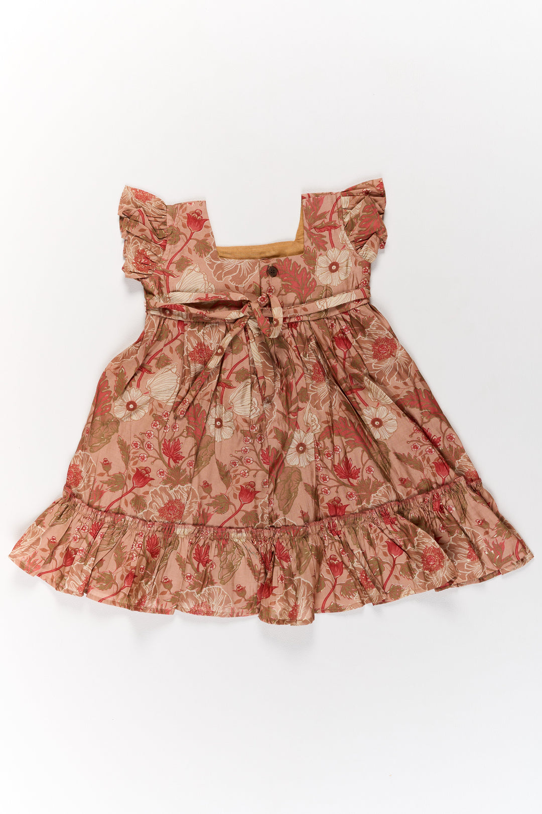 The Nesavu Girls Cotton Frock Frills Frock for Girls in Warm Beige Floral Print with Lace Detailing Nesavu Nesavu Beige Floral Frills Frock Girls Ruffled Hem Lace Detailing