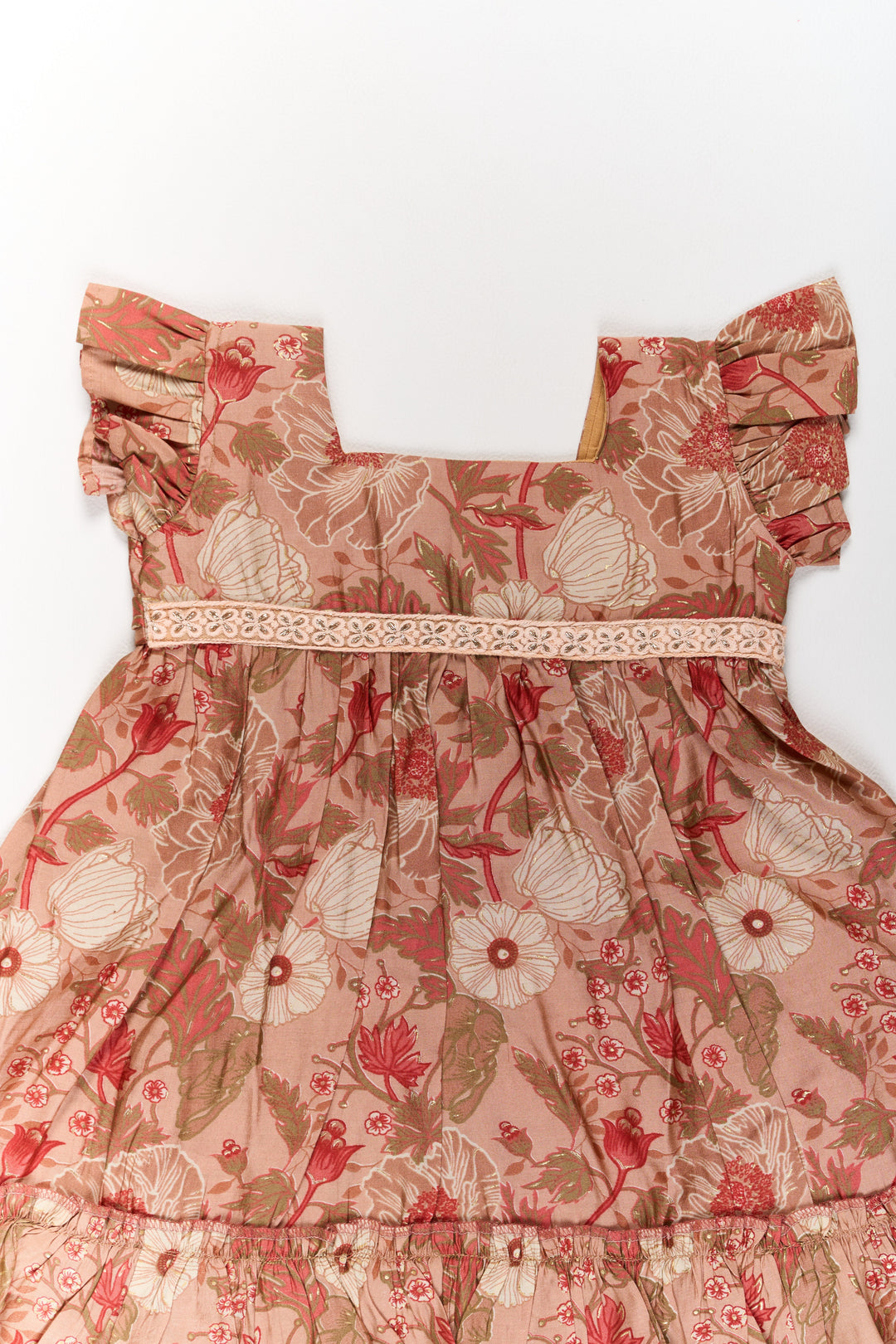 The Nesavu Girls Cotton Frock Frills Frock for Girls in Warm Beige Floral Print with Lace Detailing Nesavu Nesavu Beige Floral Frills Frock Girls Ruffled Hem Lace Detailing