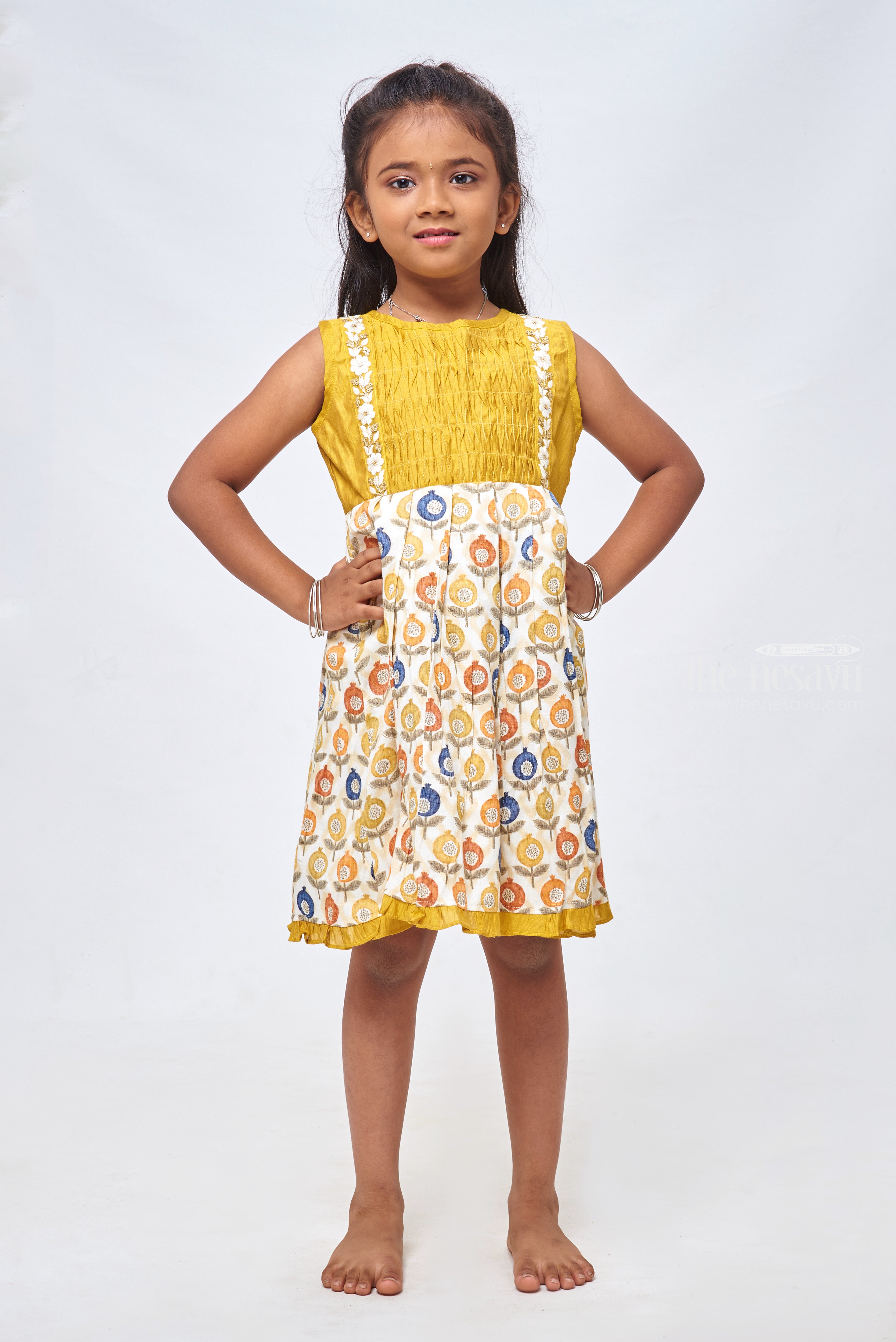 Terquois Polka Design Yellow Casual Dress with V-Neck,Gathers and Fash