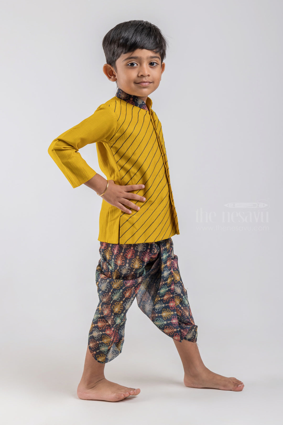 The Nesavu Boys Dothi Set Full Front Stripes Embroidered Yellow Silk Cotton Kurta with Abstract Printed Dhoti for Boys psr silks Nesavu