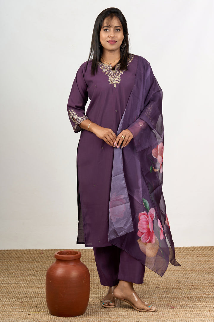 The Nesavu Womens Straight Suit Sets Fusion Kurta Sets in Purple Blend Silk with Embroidered Neckline and Floral Dupatta Nesavu 38 (M) / Purple WTH059B-38 Nesavu Fusion Purple Blend Silk Kurta Sets Embroidered Neckline Floral Dupatta Women