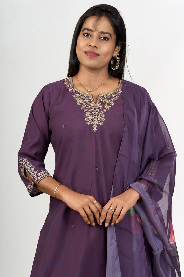 The Nesavu Womens Straight Suit Sets Fusion Kurta Sets in Purple Blend Silk with Embroidered Neckline and Floral Dupatta Nesavu Nesavu Fusion Purple Blend Silk Kurta Sets Embroidered Neckline Floral Dupatta Women