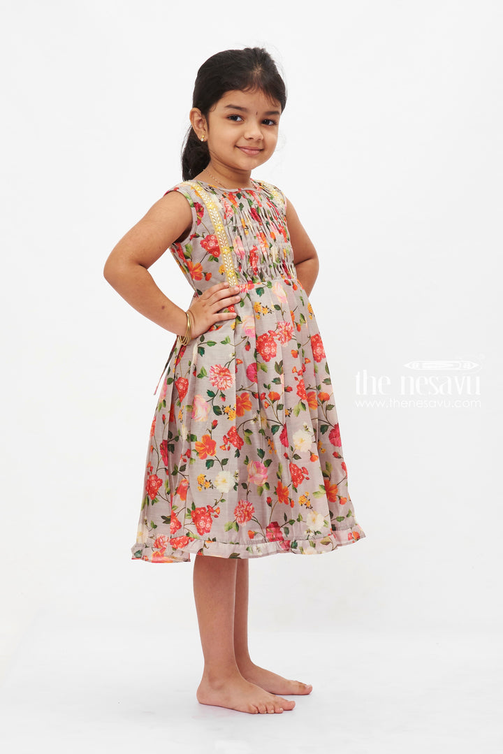 The Nesavu Girls Cotton Frock Garden Romance Floral Dress: Charming Sleeveless Frock with Vibrant Rose Print for Girls Nesavu Girls Grey Rose Print Dress | Summer Sleeveless Frock with Lace | Elegant Floral Party Wear | The Nesavu