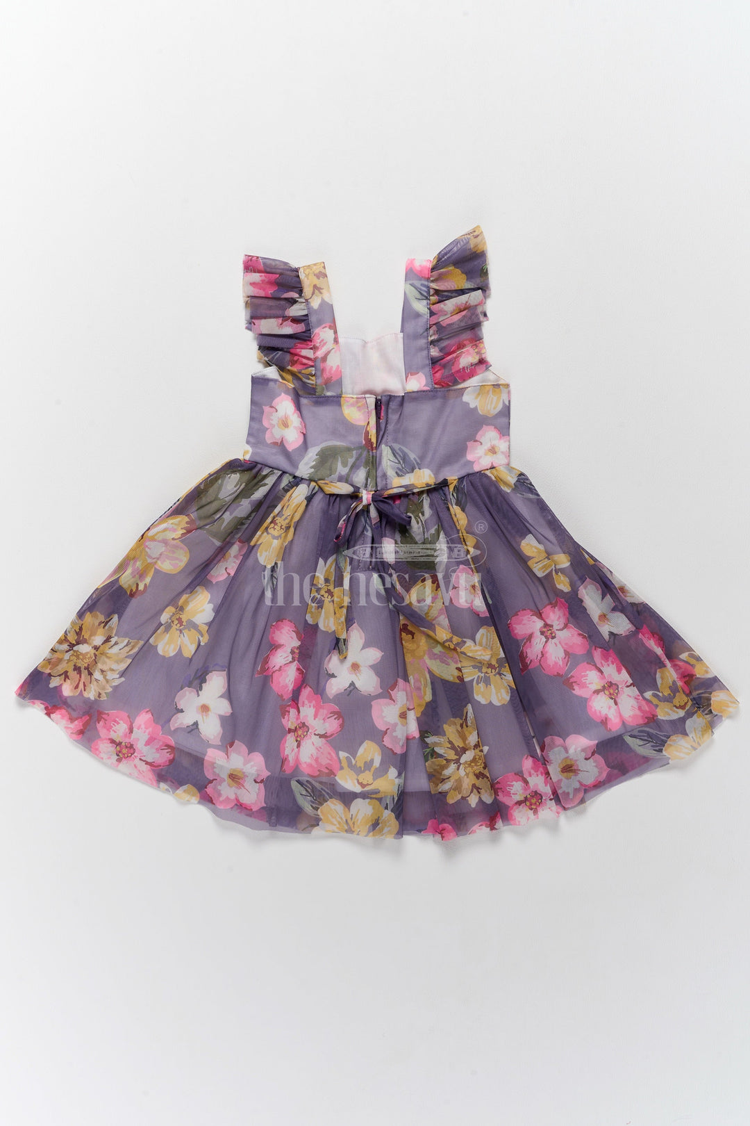 The Nesavu Girls Fancy Frock Georgette Girls Dress with Bold Yellow Floral Prints and Ruffled Shoulder Straps Nesavu Georgette Girls Dress Nesavu - Yellow Floral Prints Ruffled Straps