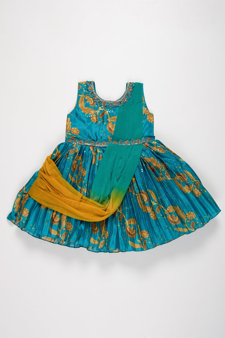 The Nesavu Silk Party Frock Girls Aqua Blue Silk Frock with Golden Floral Embellishments Nesavu 18 (2Y) / Blue / Chinnon SF766B-18 Elegant Aqua Blue Silk Frock for Girls | Festive Wear with Floral Design | The Nesavu