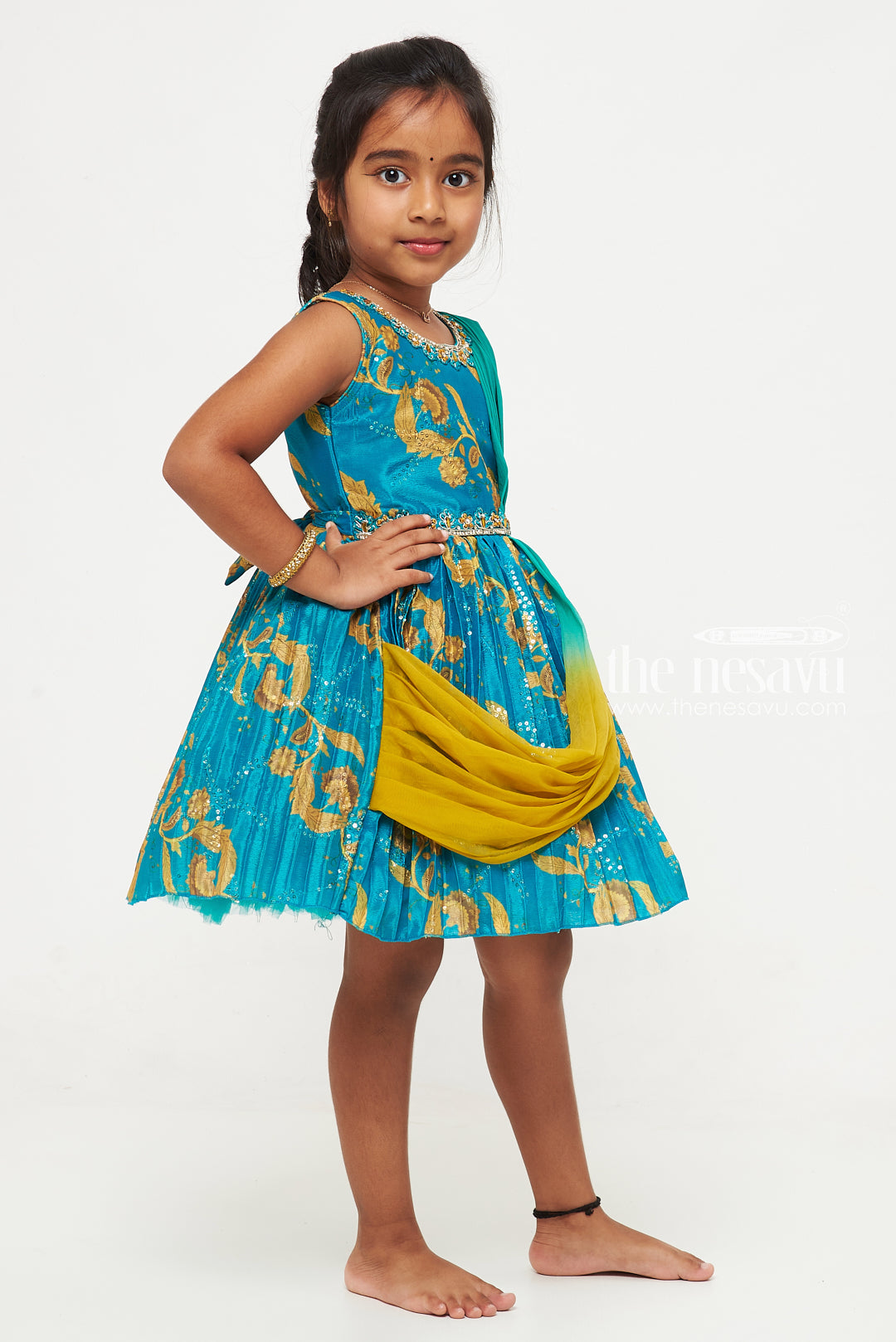 The Nesavu Silk Party Frock Girls Aqua Blue Silk Frock with Golden Floral Embellishments Nesavu Elegant Aqua Blue Silk Frock for Girls | Festive Wear with Floral Design | The Nesavu