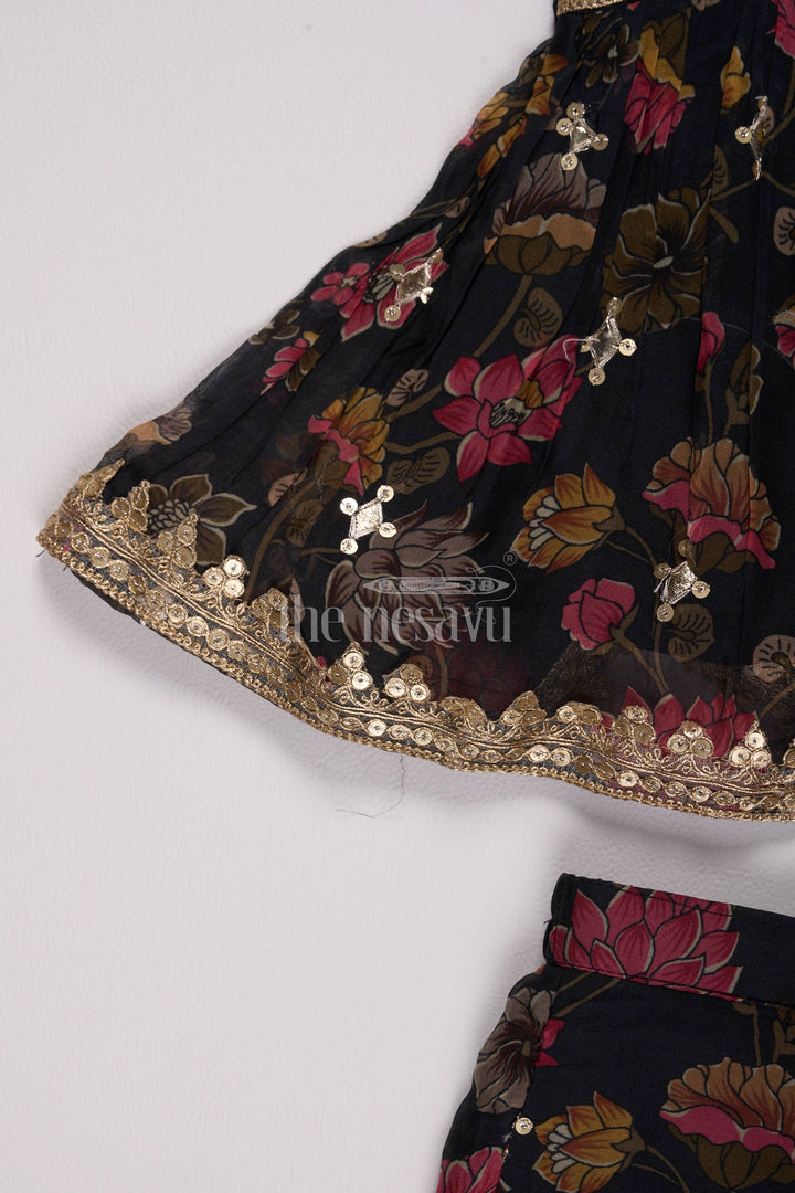 The Nesavu Girls Sharara / Plazo Set Girls Black Floral Sharara Plazo Set with Golden Lace Detailing Nesavu Nesavu Girls Black Floral Sharara Plazo Set Golden Lace Dupatta