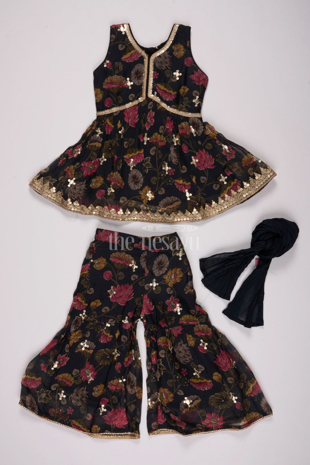 The Nesavu Girls Sharara / Plazo Set Girls Black Floral Sharara Plazo Set with Golden Lace Detailing Nesavu Nesavu Girls Black Floral Sharara Plazo Set Golden Lace Dupatta