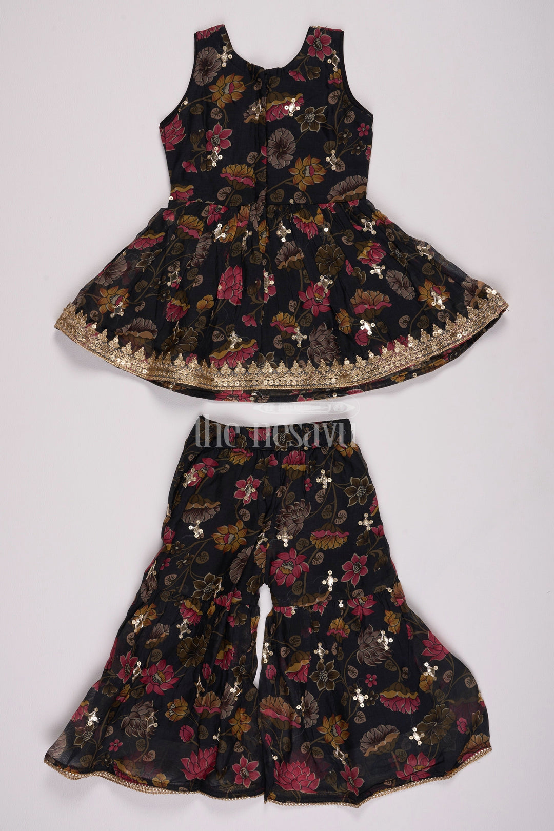 The Nesavu Girls Sharara / Plazo Set Girls Black Floral Sharara Plazo Set with Golden Lace Detailing Nesavu Nesavu Girls Black Floral Sharara Plazo Set Golden Lace Dupatta