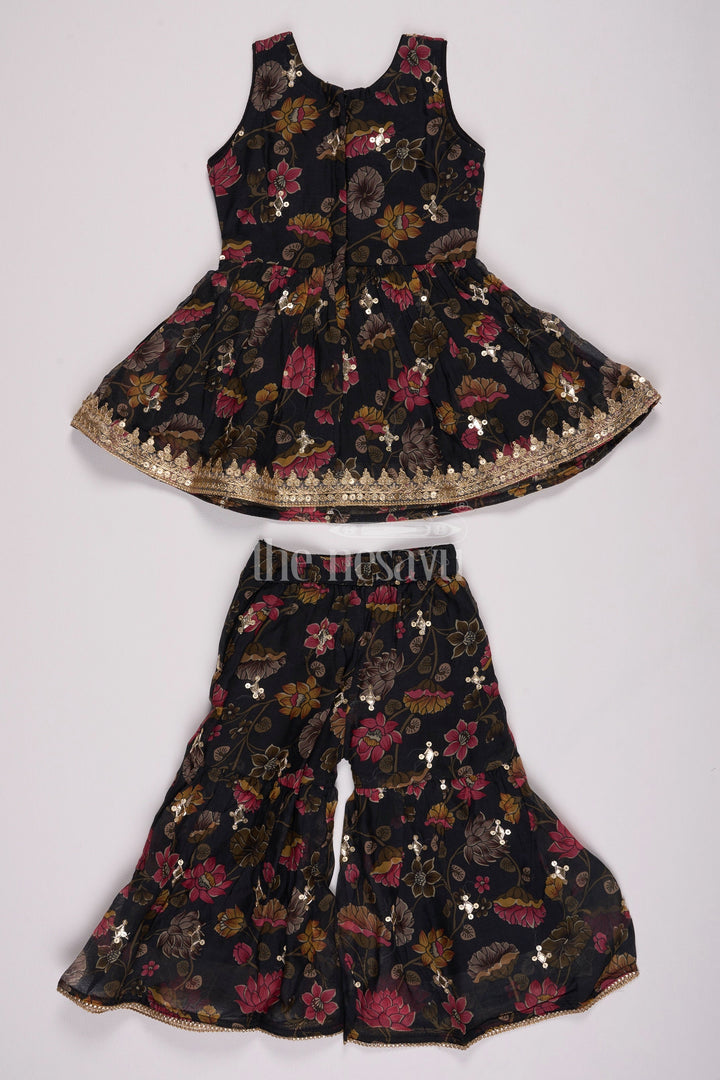 The Nesavu Girls Sharara / Plazo Set Girls Black Floral Sharara Plazo Set with Golden Lace Detailing Nesavu Nesavu Girls Black Floral Sharara Plazo Set Golden Lace Dupatta