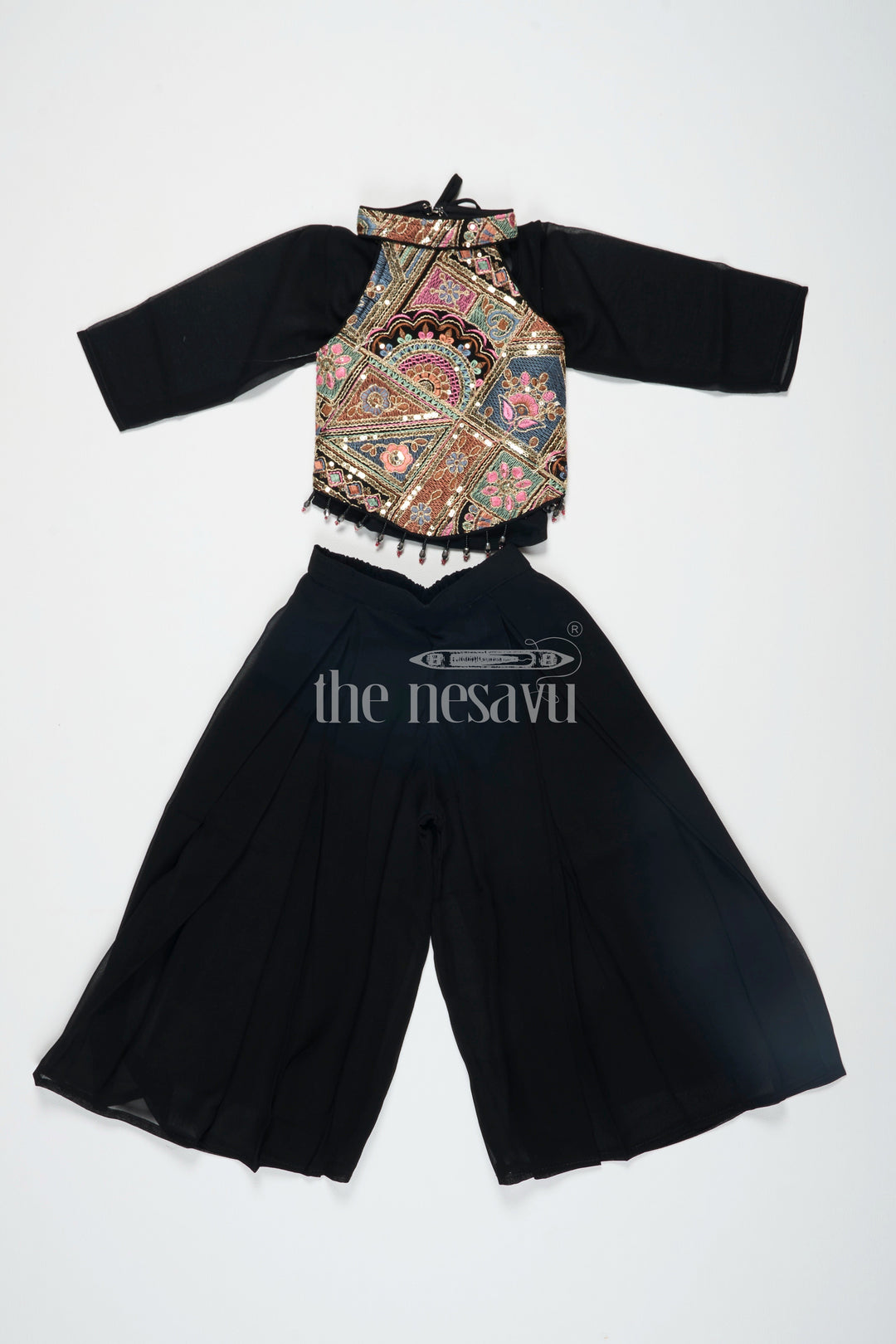 The Nesavu Girls Sharara / Plazo Set Girls Black Georgette Embroidered Sharara Plazo Set for Christmas Clothes Nesavu Girls Black Georgette Embroidered Sharara Plazo Set Nesavu Diwali Clothes Special Occasions