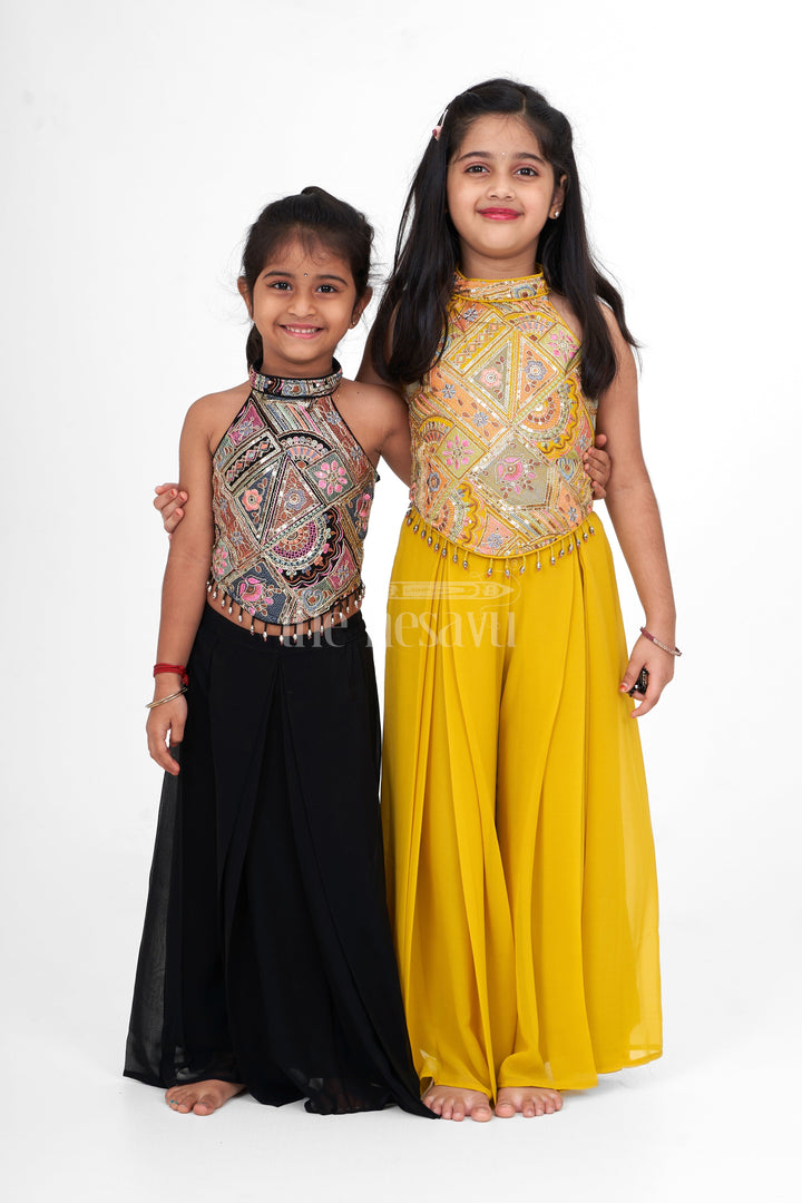 The Nesavu Girls Sharara / Plazo Set Girls Black Georgette Embroidered Sharara Plazo Set for Christmas Clothes Nesavu Girls Black Georgette Embroidered Sharara Plazo Set Nesavu Diwali Clothes Special Occasions