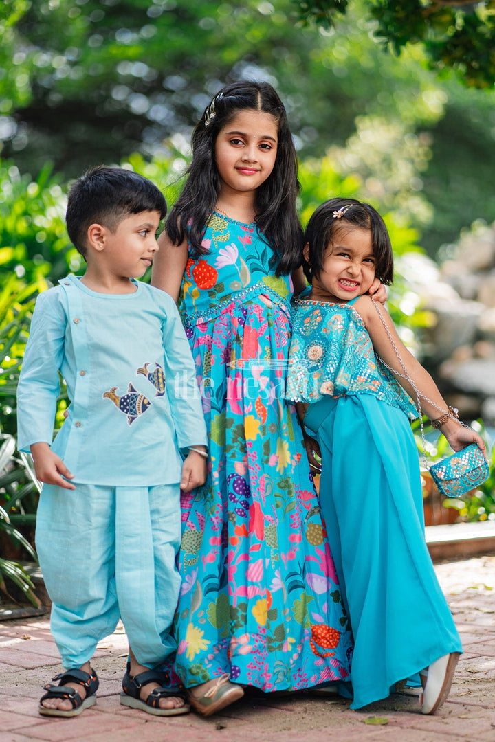 The Nesavu Girls Lehenga Choli Girls Blue Floral Lehenga Choli Set with Crop Top and Pleated Skirt Nesavu Nesavu Blue Floral Girls Lehenga Choli Crop Top Pleated Skirt Festive Celebrations