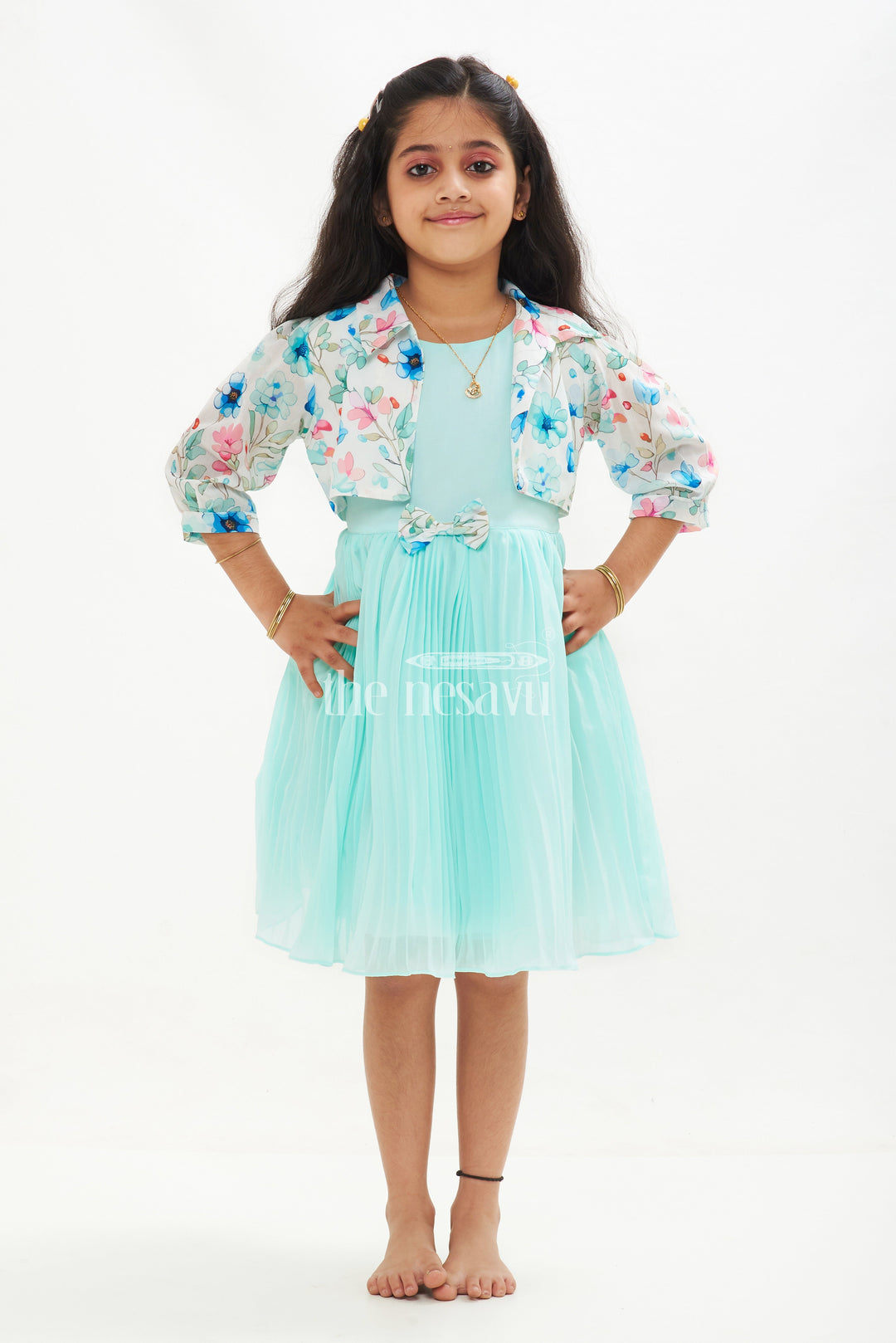 The Nesavu Girls Fancy Frock Girls Blue Layered Fancy Frock with Floral Jacket and Ruffled Hemline Nesavu 20 (3Y) / Blue GFC1346D-20 Nesavu Girls Blue Layered Frock Floral Jacket Ruffles Semi-Formal Events