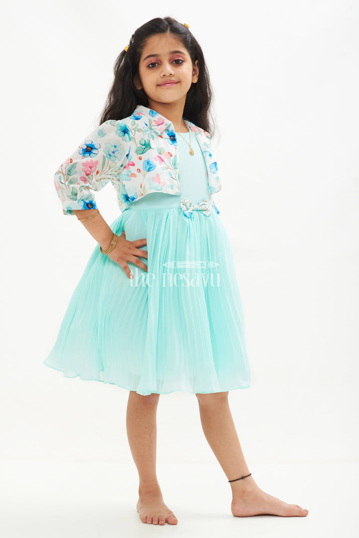 The Nesavu Girls Fancy Frock Girls Blue Layered Fancy Frock with Floral Jacket and Ruffled Hemline Nesavu Nesavu Girls Blue Layered Frock Floral Jacket Ruffles Semi-Formal Events