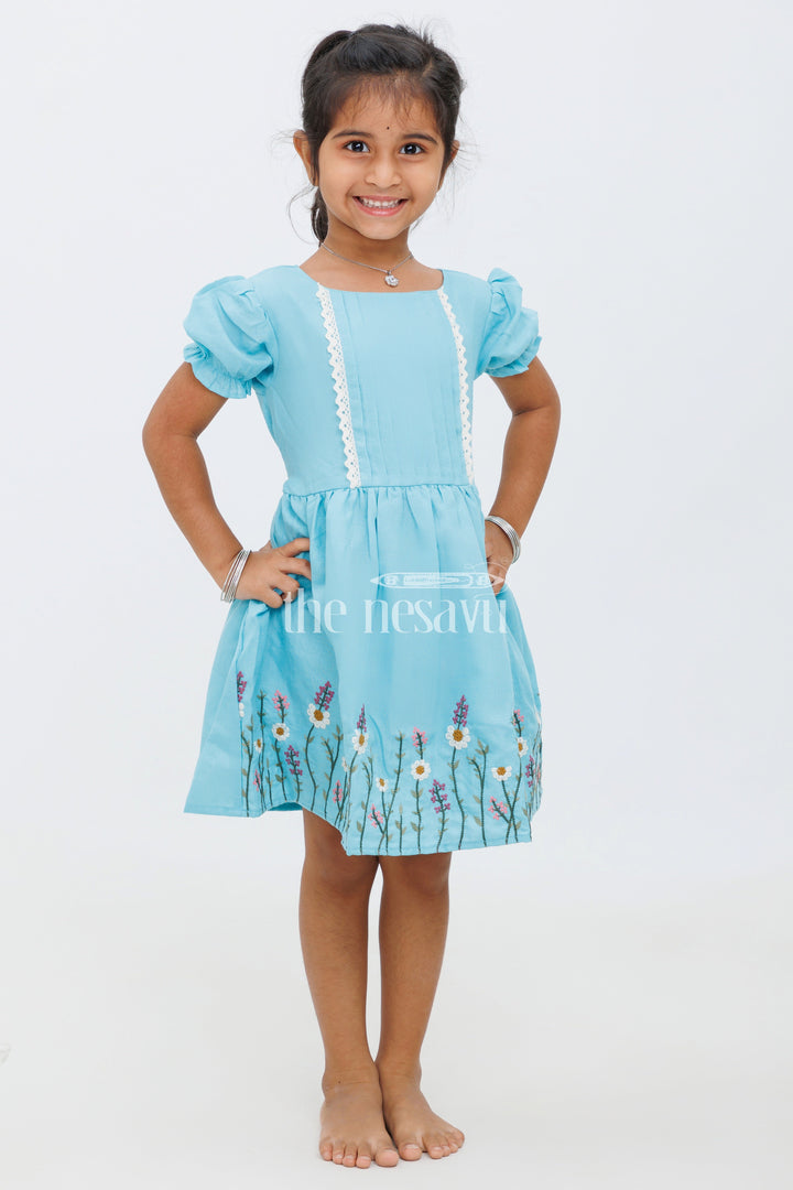 The Nesavu Girls Cotton Frock Girls Blue Pintuck Frock with Floral Embroidery and Lace Trim - Party Dress Nesavu 18 (2Y) / Blue GFC1408B-18 Nesavu Girls Blue Pintuck Frock Embroidered Floral Hemline Parties Casual Events