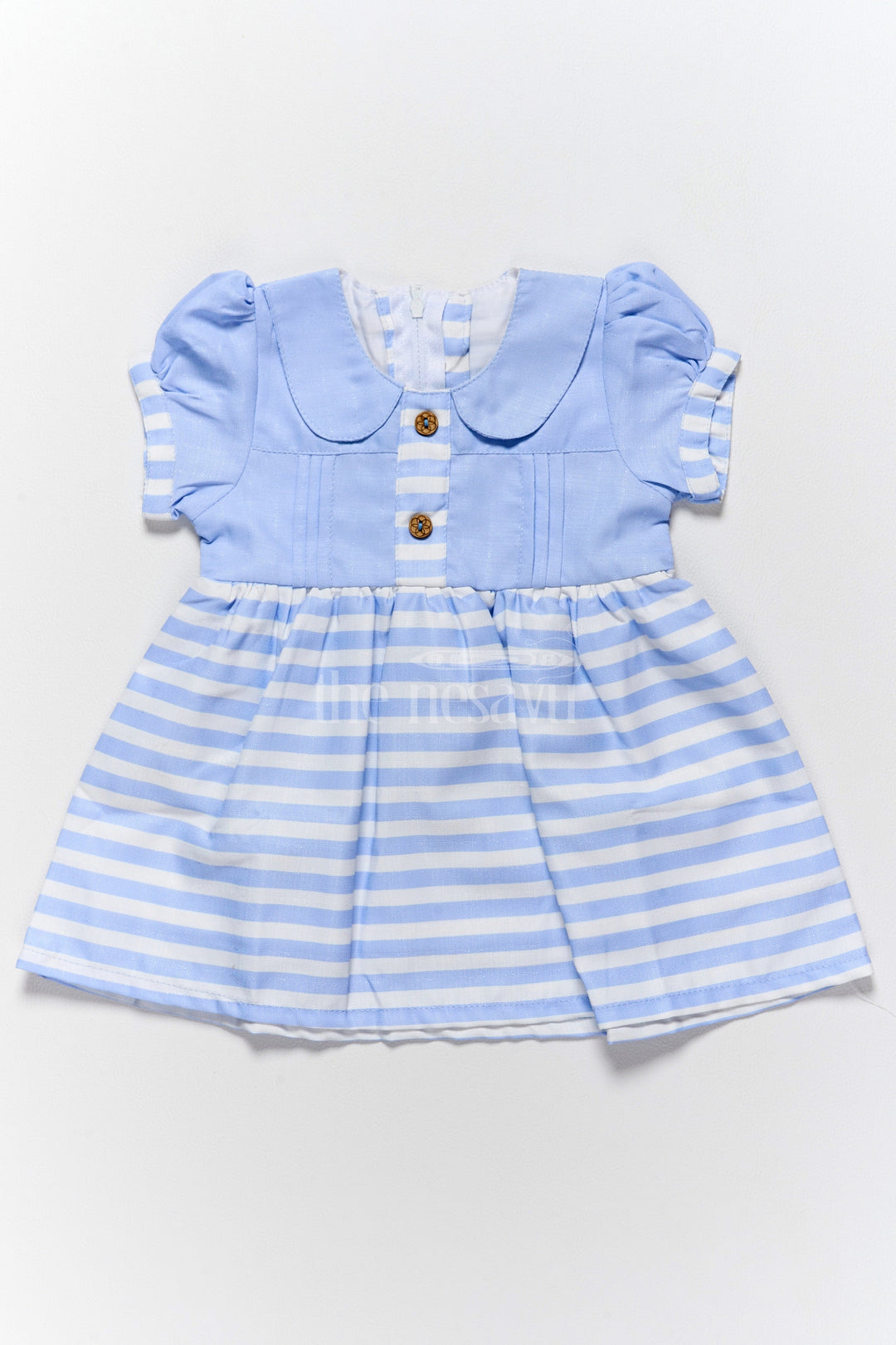 The Nesavu Baby Cotton Frocks Girls Blue Striped Cotton Dress with Peter Pan Collar and Puff Sleeves for Casual Outings Nesavu 14 (6M) / Blue BFJ646A-14 Nesavu Girls Blue Striped Cotton Dress Peter Pan Collar Puff Sleeves Casual Playdates