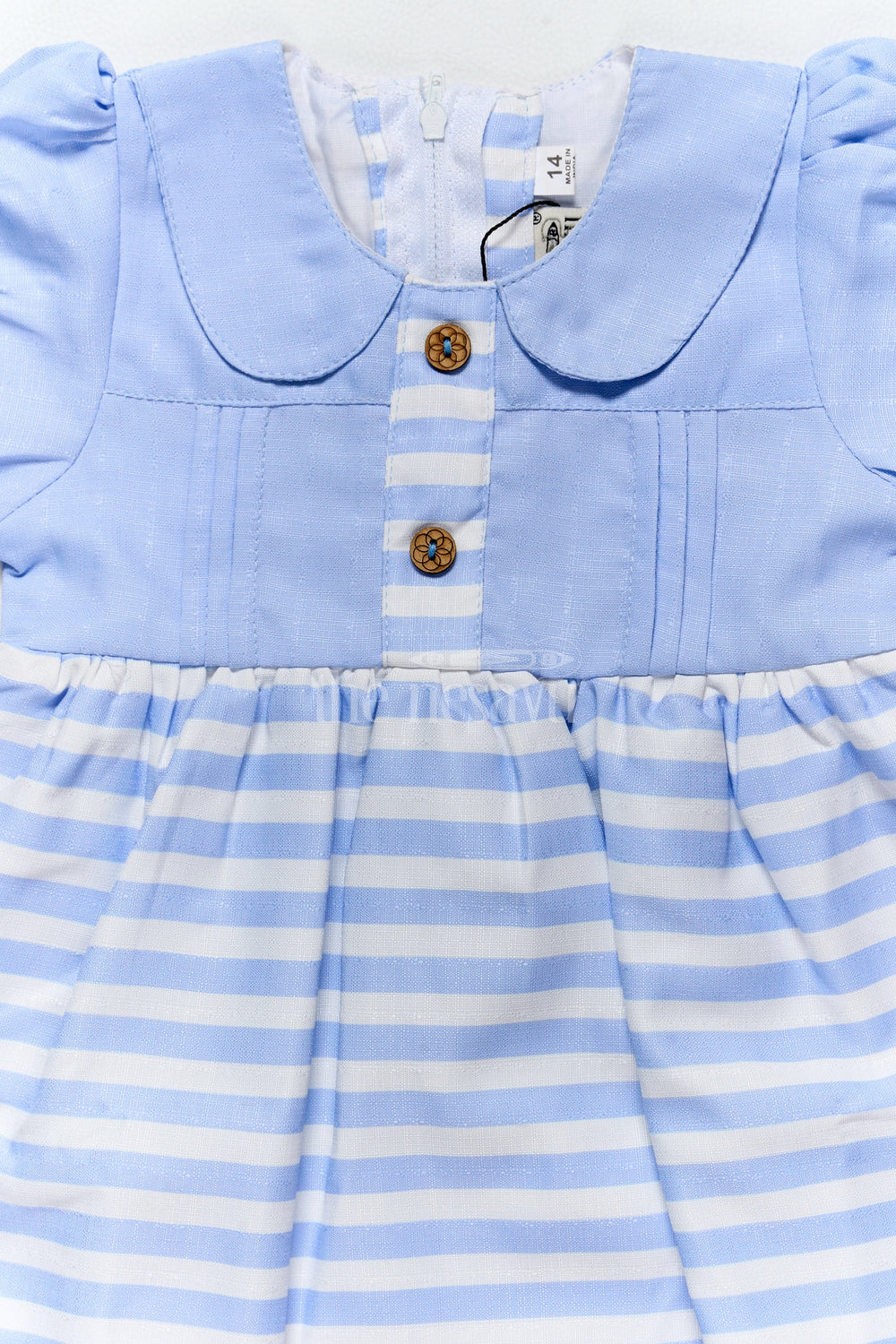 The Nesavu Baby Cotton Frocks Girls Blue Striped Cotton Dress with Peter Pan Collar and Puff Sleeves for Casual Outings Nesavu Nesavu Girls Blue Striped Cotton Dress Peter Pan Collar Puff Sleeves Casual Playdates