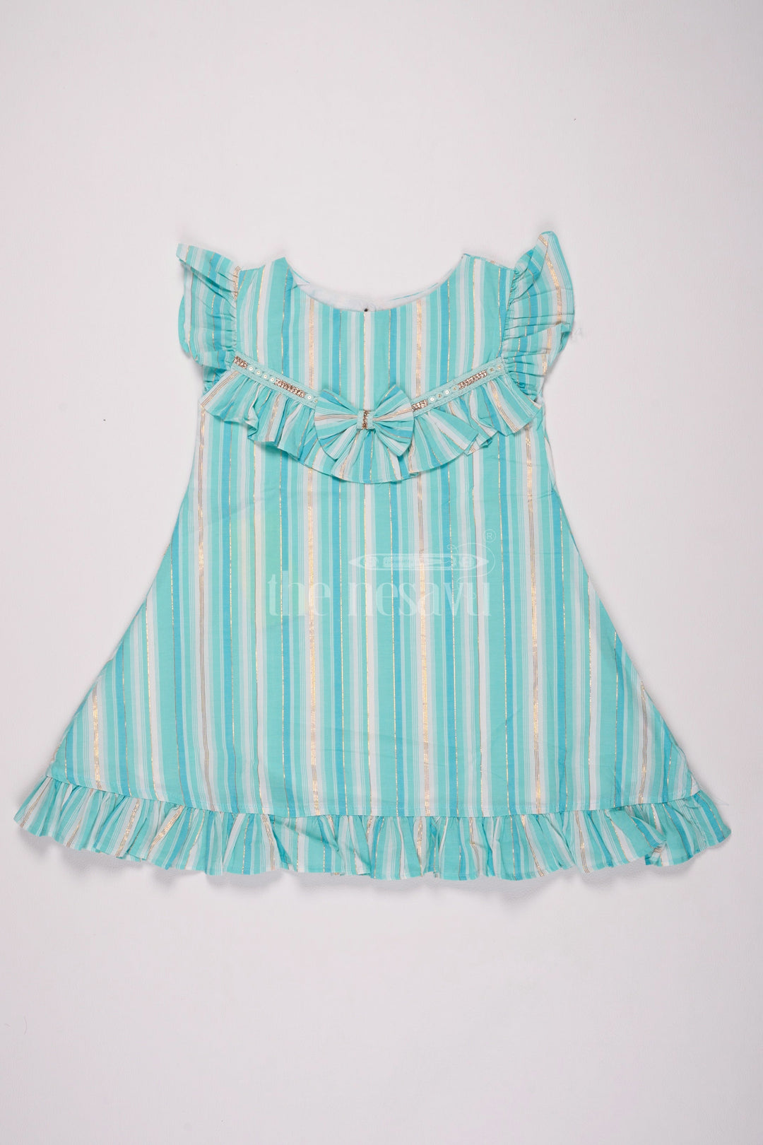 The Nesavu Girls Cotton Frock Girls Blue Striped Cotton Frock with Ruffles and Bow Details Nesavu 18 (2Y) / Blue GFC1467A-18 Nesavu Girls Striped Blue Cotton Christmas Frock Ruffles Bow Details