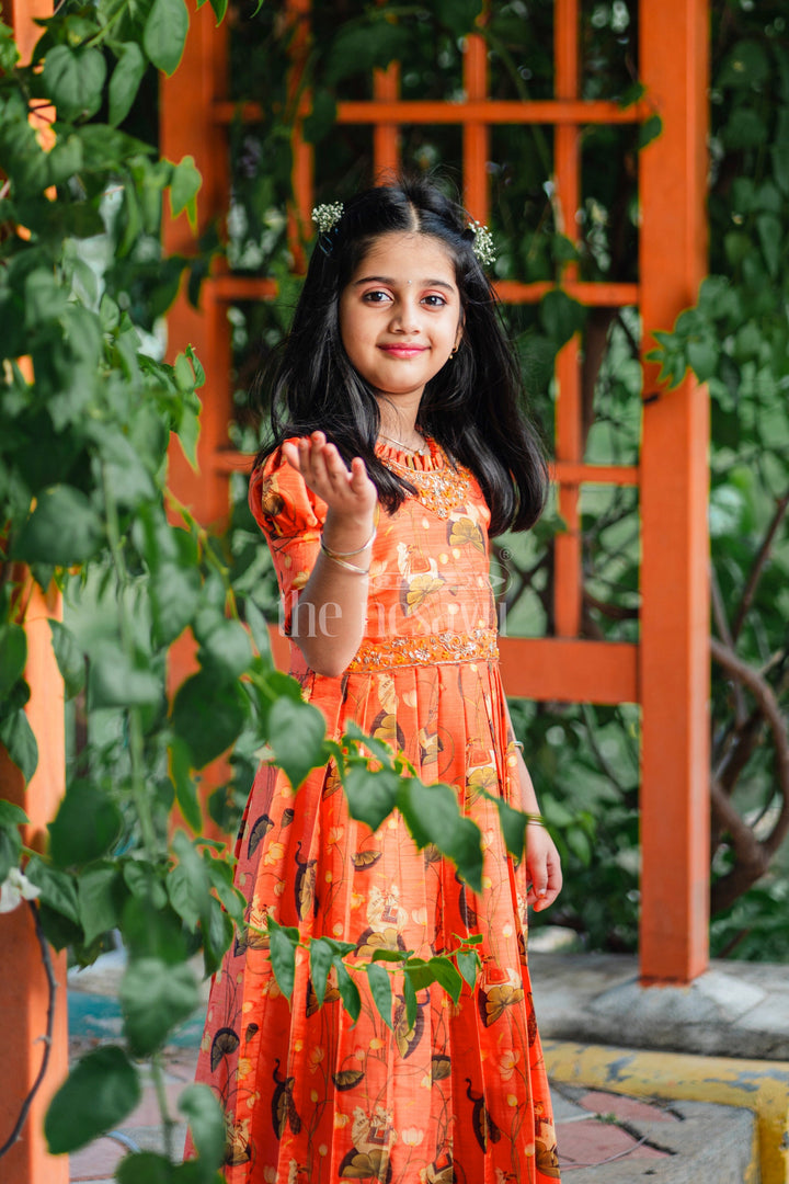 The Nesavu Girls Party Gown Girls Burnt Orange Kalamkari Anarkali Dress with Gilded Accents Nesavu 16 (1Y) / Orange / Blend Silk GA194C-16 Festive Burnt Orange Kalamkari Anarkali Dress for Girls | The Nesavu