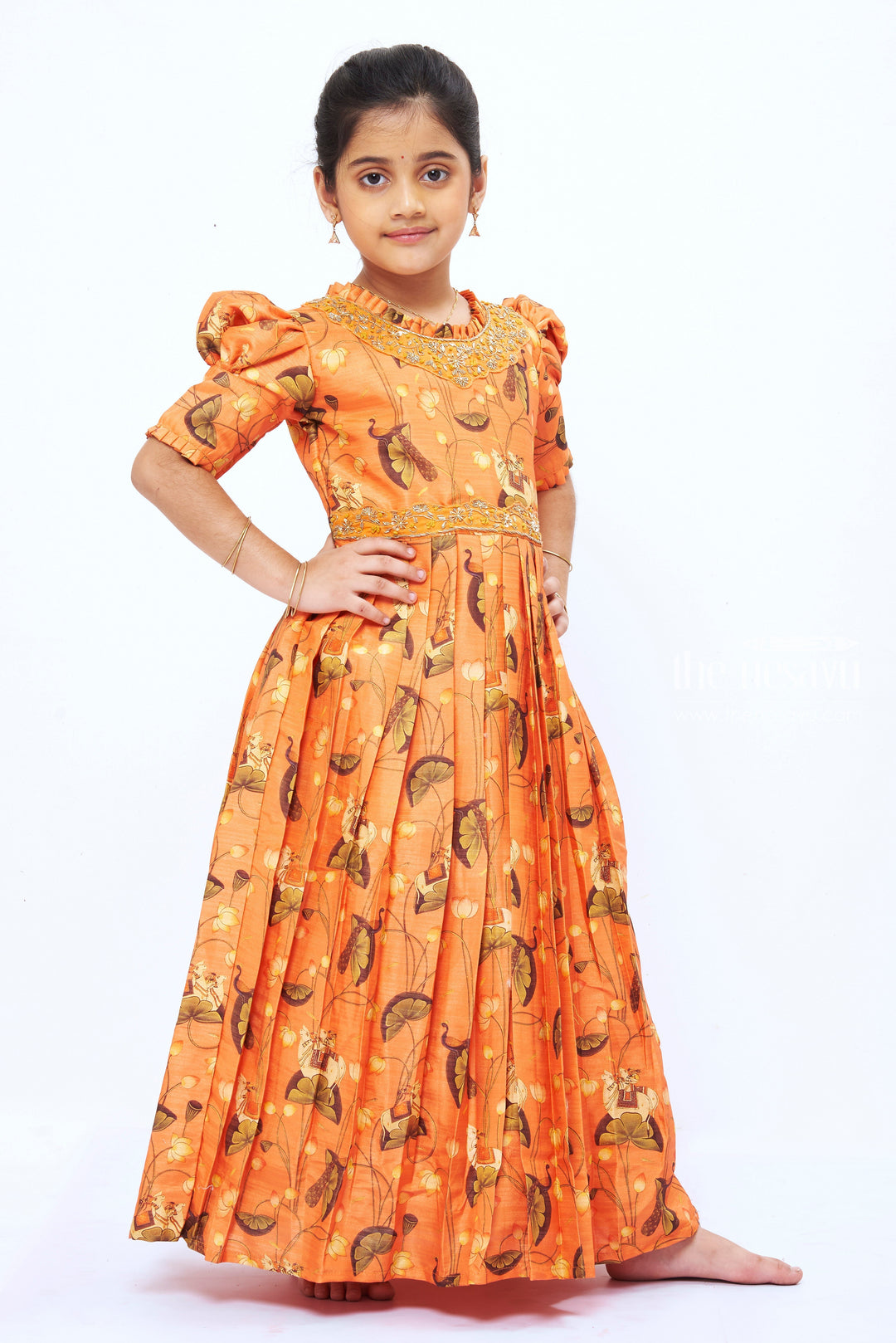 The Nesavu Girls Party Gown Girls Burnt Orange Kalamkari Anarkali Dress with Gilded Accents Nesavu Festive Burnt Orange Kalamkari Anarkali Dress for Girls | The Nesavu