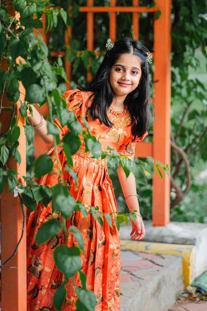 The Nesavu Girls Party Gown Girls Burnt Orange Kalamkari Anarkali Dress with Gilded Accents Nesavu Festive Burnt Orange Kalamkari Anarkali Dress for Girls | The Nesavu