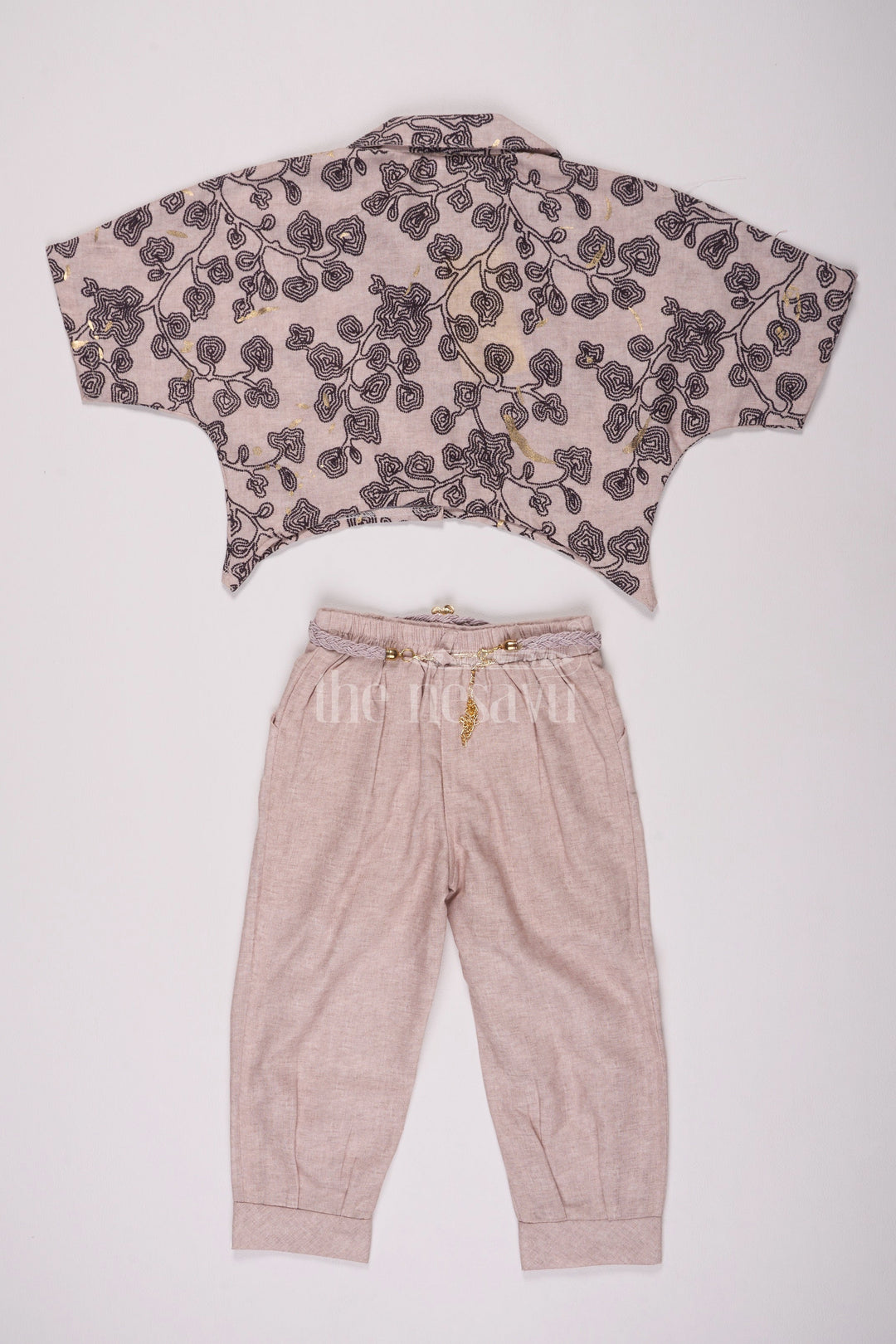 The Nesavu Girls Sharara / Plazo Set Girls Casual Set with Printed Crop Shirt and Beige Straight Pants Nesavu Nesavu Girls Casual Set Floral Printed Crop Shirt Beige Pants